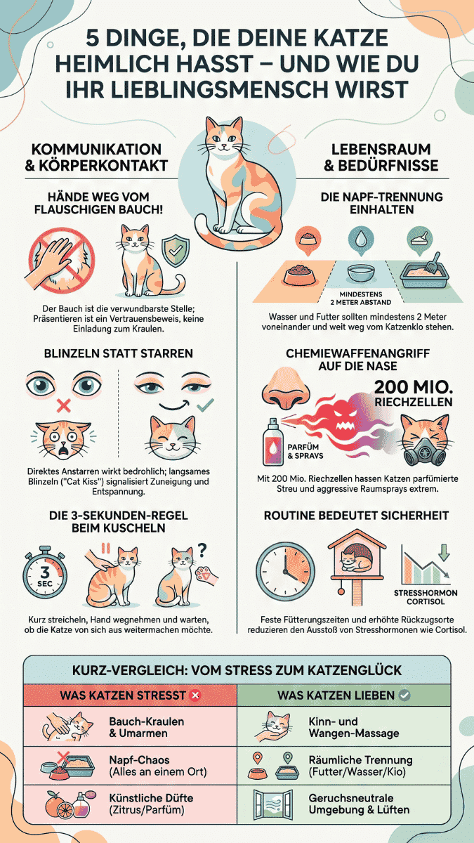 Infografik zum Thema "5 Dinge, die deine Katze heimlich hasst – und wie du ihr Lieblingsmensch wirst". Aufgeteilt in Tipps zu Kommunikation & Körperkontakt (Bauch nicht kraulen, blinzeln statt starren, 3-Sekunden-Regel) und Lebensraum & Bedürfnisse (Näpfe räumlich trennen, künstliche Düfte vermeiden, feste Routinen einhalten). Am Ende befindet sich ein Kurz-Vergleich von Stressauslösern und katzenfreundlichen Alternativen.