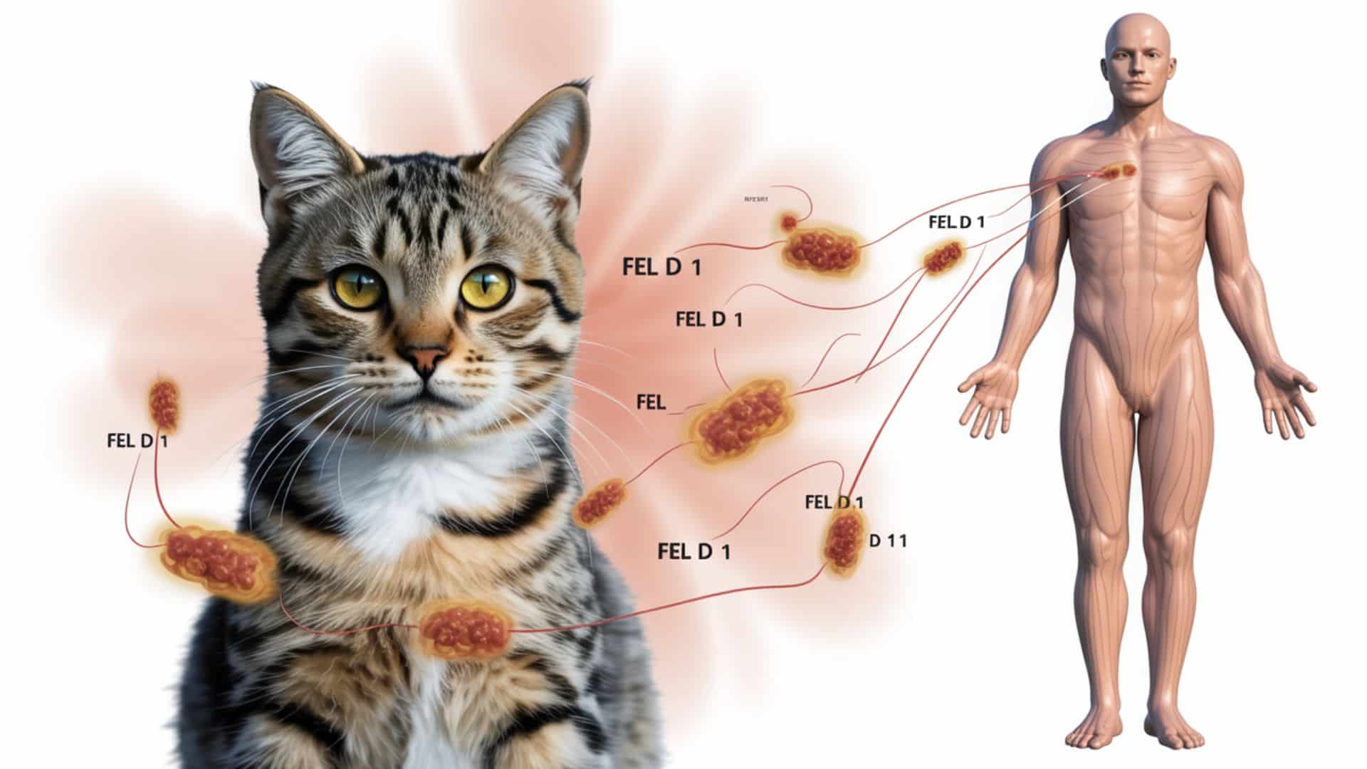 Illustration einer gestreiften Katze im Vordergrund, umgeben von mehreren schematischen Partikeln mit der Beschriftung ‚Fel d 1‘. Rote Linien verbinden diese Partikel mit verschiedenen Stellen an einem menschlichen Körper rechts im Bild, um zu zeigen, wie das Katzenallergen in den Organismus gelangt.
