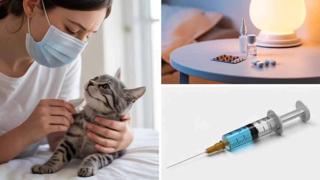 Dreiteilige Collage: Links eine Frau mit Mund-Nasen-Schutz, die eine graue Katze sanft hält und mit einem Applikator untersucht; oben rechts ein Nachttisch mit Antihistamin-Tabletten, Nasenspray und einer kleinen Arzneiflasche neben einer Lampe; unten rechts eine Spritze mit blauer Flüssigkeit auf weißem Untergrund.