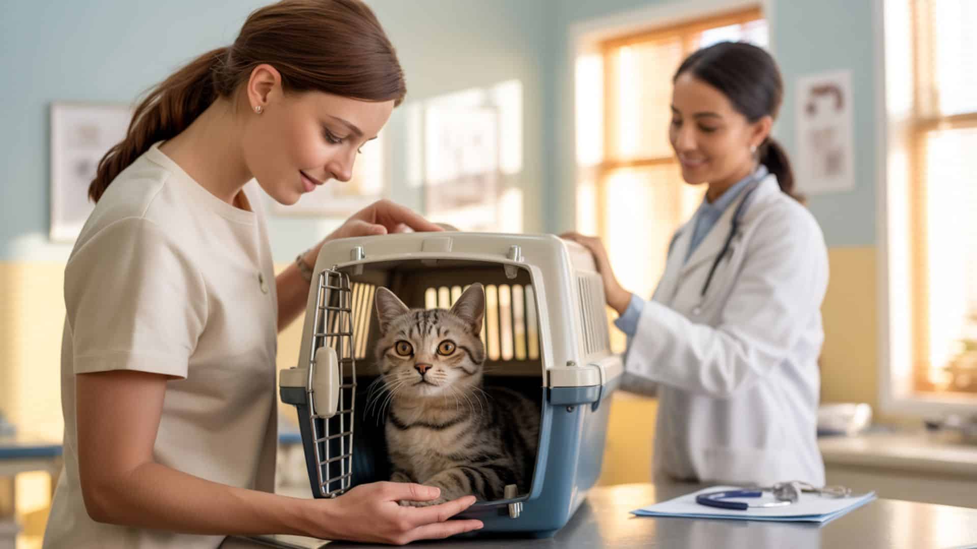 Entspannter Tierarztbesuch mit Katze: Halterin hält offene Transportbox mit ruhiger Katze in heller Tierarztpraxis