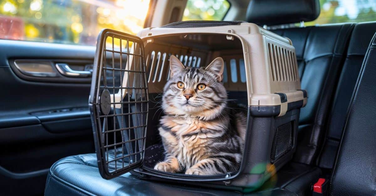 Katze in Transportbox auf Rücksitz eines Autos – entspannt und ruhig während Autofahrt mit Katze