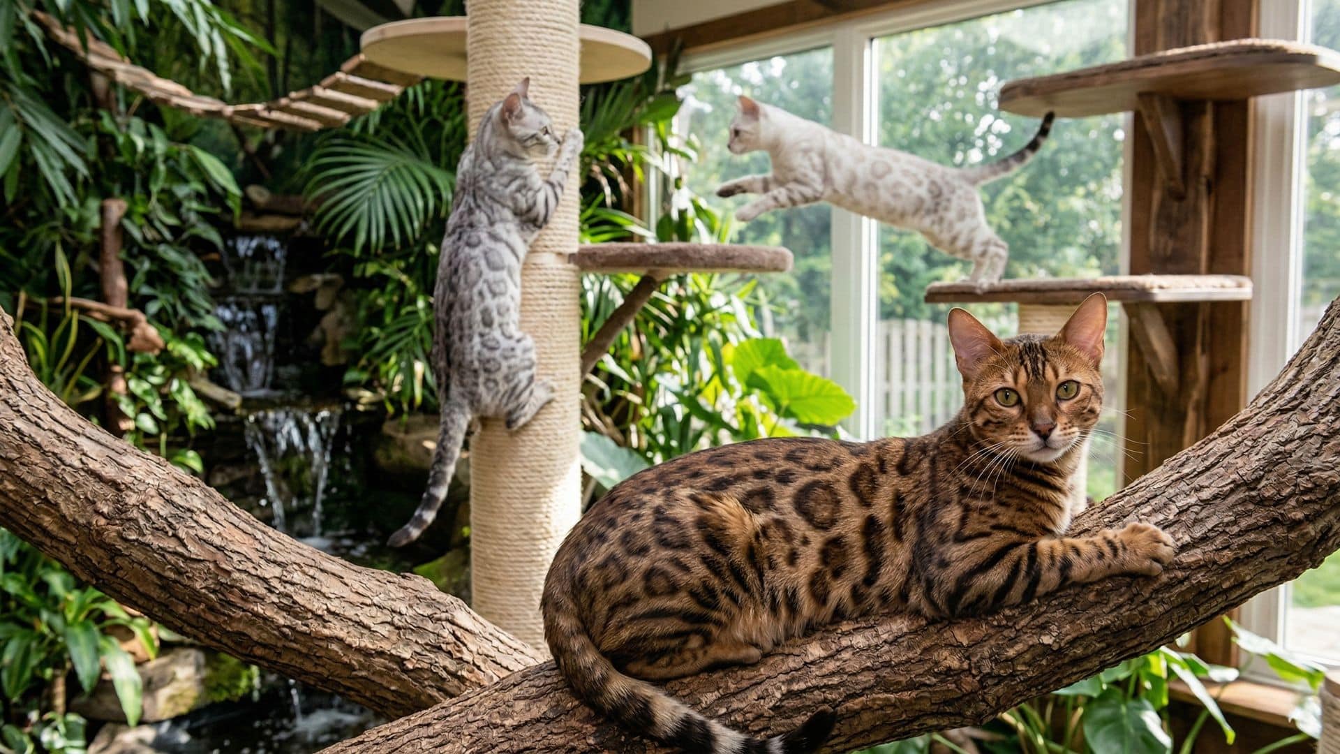 Drei Bengalkatzen in einem luxuriösen, dschungelartig gestalteten Innenraum im 16:9-Format. Im Vordergrund ruht eine braun-getupfte Bengalkatze auf einem massiven Echtholzast und blickt direkt in die Kamera. Im Hintergrund klettert eine silberne Bengalkatze an einem hohen Kratzbaum, während eine dritte, hellere Katze gerade dynamisch zwischen hölzernen Wandelementen springt. Der Raum ist lichtdurchflutet, reich mit tropischen Pflanzen dekoriert und verfügt über einen kleinen Zimmer-Wasserfall sowie hängebrückenartige Kletterpfade.