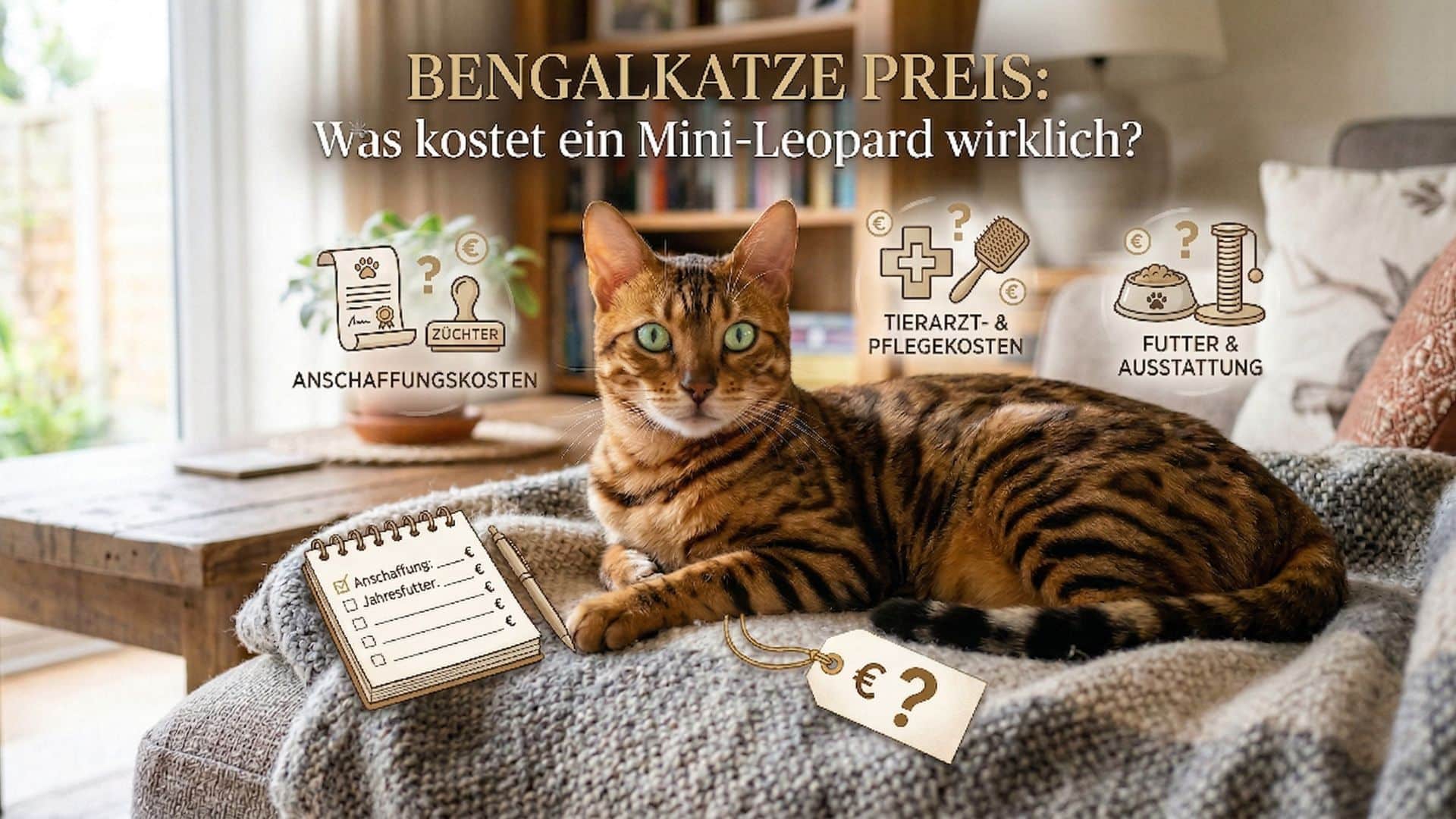 Infografik mit einer Bengalkatze, die die verschiedenen Kostenkategorien für die Haltung (Anschaffung, Tierarzt, Futter, Ausstattung) visualisiert.