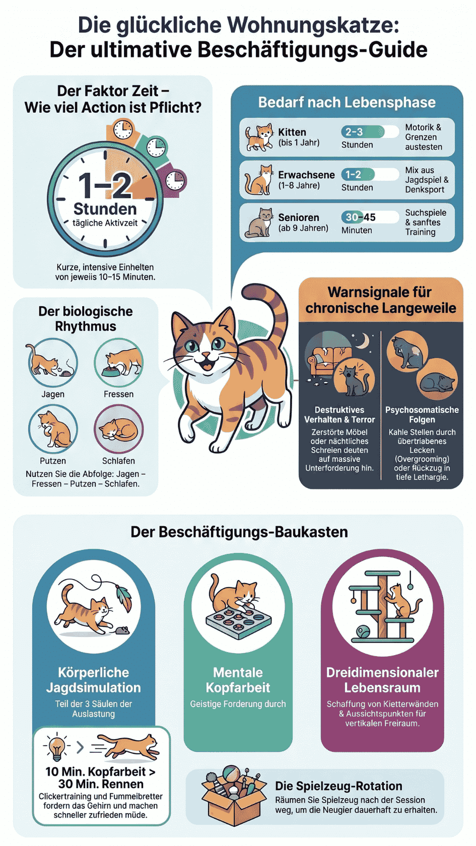 Infografik „Die glückliche Wohnungskatze: Der ultimative Beschäftigungs-Guide“ mit Übersicht zu Spieldauer, Lebensphasen, Warnsignalen bei Langeweile und dem Beschäftigungs-Baukasten.
