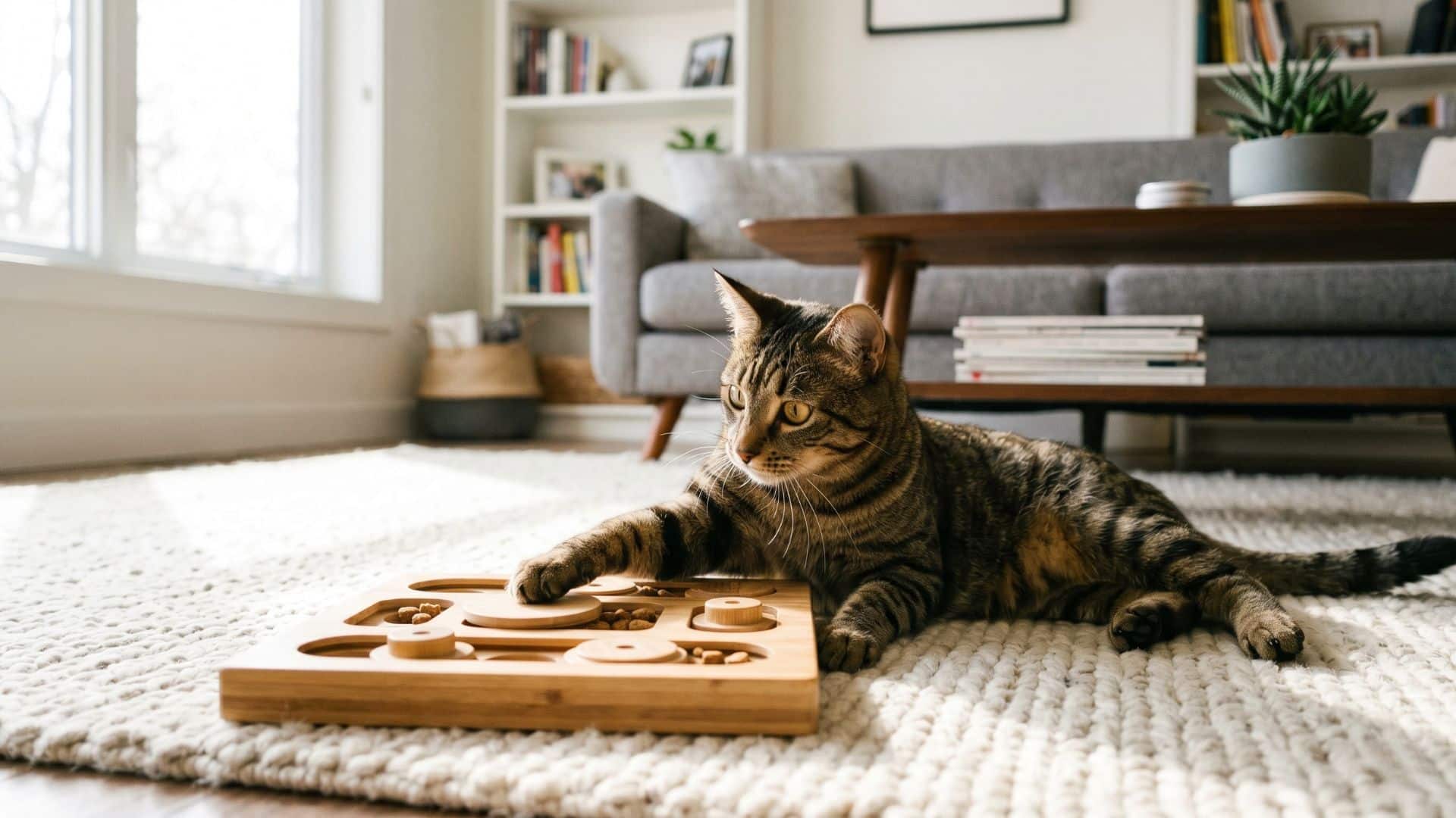 Getigerte Katze spielt mit einem hölzernen Intelligenzspielzeug (Fummelbrett) auf einem hellen Teppich im Wohnzimmer zur sinnvollen Beschäftigung der Wohnungskatze.