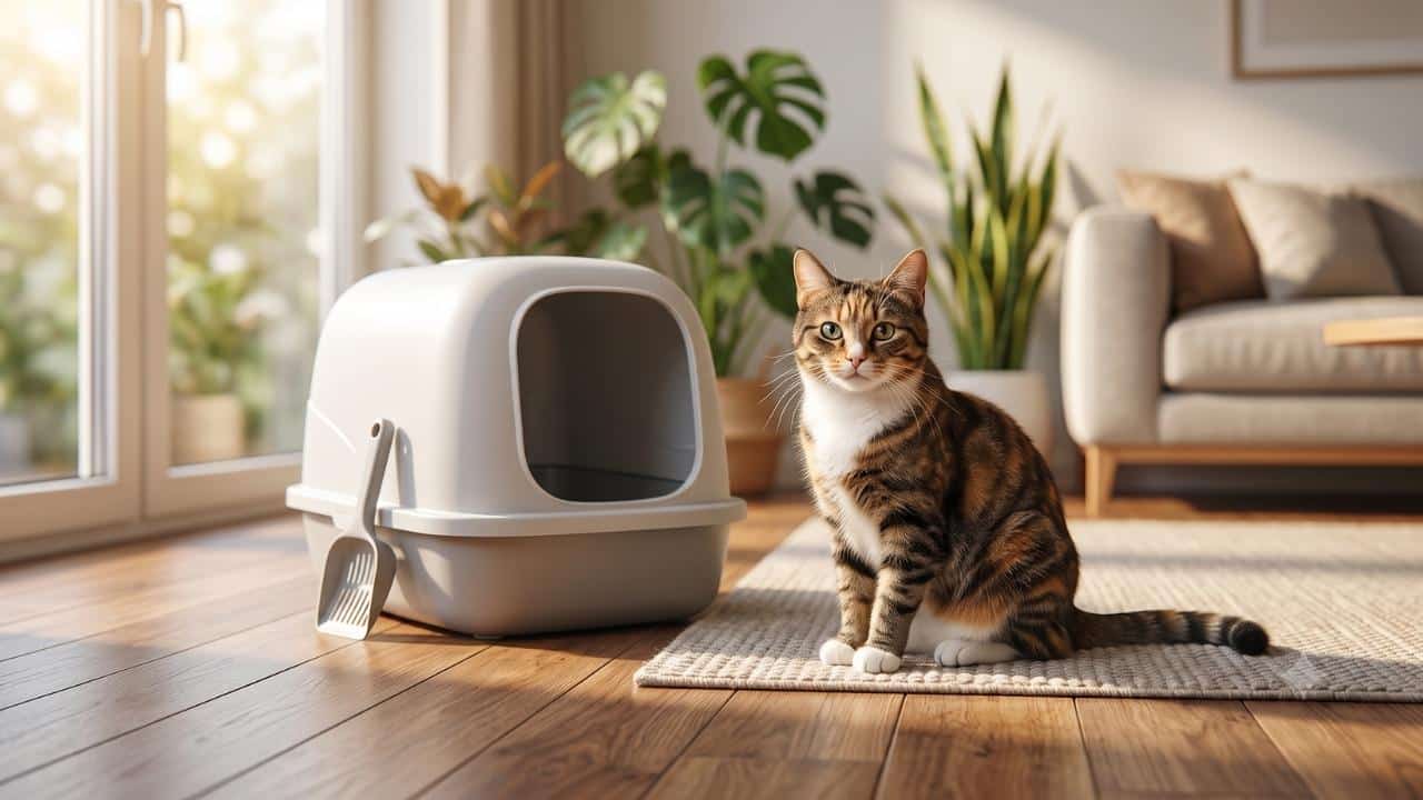 Getigerte Hauskatze sitzt entspannt neben einer modernen, sauberen Katzentoilette im hellen Wohnzimmer für den Test von Biokat's Diamond Care Katzenstreu mit Aktivkohle.