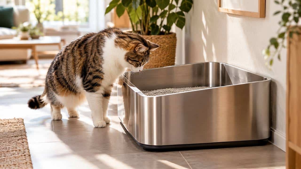 Sleekes Edelstahl-Katzenklo mit hohem Spritzschutz auf Fliesenboden in modernem Wohnzimmer