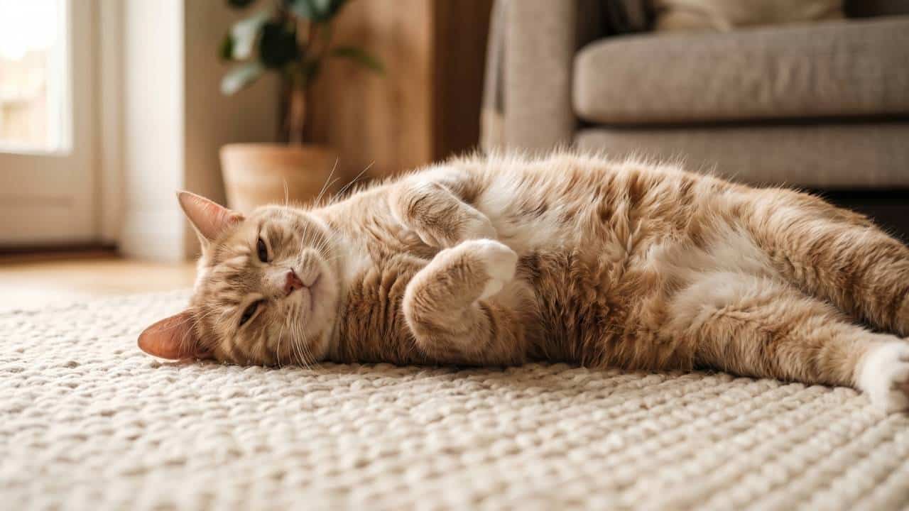 Eine rot-getigerte Katze liegt entspannt auf dem Rücken auf einem hellen Teppich im Wohnzimmer und streckt vertrauensvoll ihren Bauch nach oben.