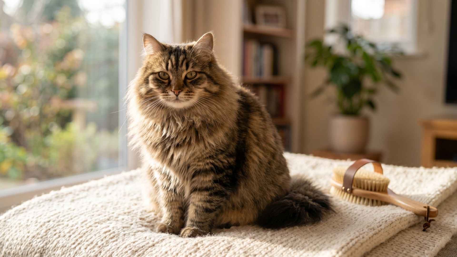 Gepflegte sibirische Katze mit dichtem, glänzendem Fell sitzt entspannt auf einer hellen Wolldecke neben einer hölzernen Fellbürste im warmen Sonnenlicht.
