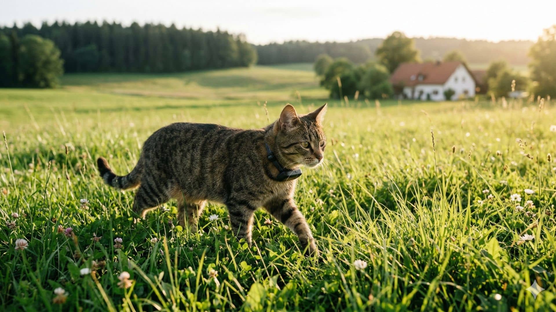 Eine getigerte Katze läuft bei tiefstehender Abendsonne über eine grüne Blumenwiese und trägt ein schwarzes Halsband mit einem kompakten GPS-Tracker.