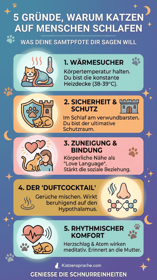 Infografik mit dem Titel „5 Gründe, warum Katzen auf Menschen schlafen“, die Themen wie Wärmesuche, Sicherheit, Zuneigung, den Duftcocktail und rhythmischen Komfort illustriert.