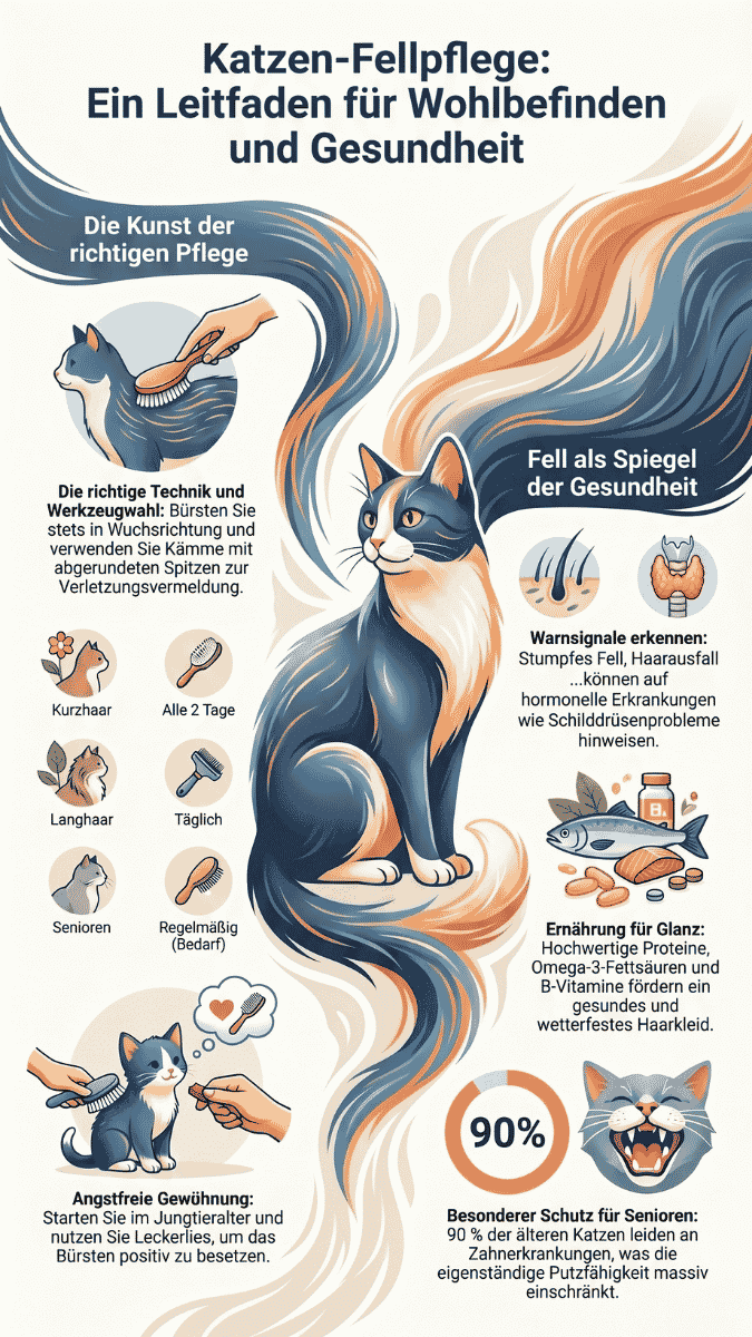 Eine detaillierte Infografik mit dem Titel „Katzen-Fellpflege: Ein Leitfaden für Wohlbefinden und Gesundheit“. Im Zentrum ist eine illustrierte dreifarbige Katze mit langem, geschwungenem Fell zu sehen. Die Grafik enthält Abschnitte zu Bürsttechniken (Kurzhaar vs. Langhaar), gesundheitlichen Warnsignalen wie stumpfem Fell, Tipps zur Ernährung (Omega-3, B-Vitamine) und Ratschläge zur Pflege von Seniorenkatzen.