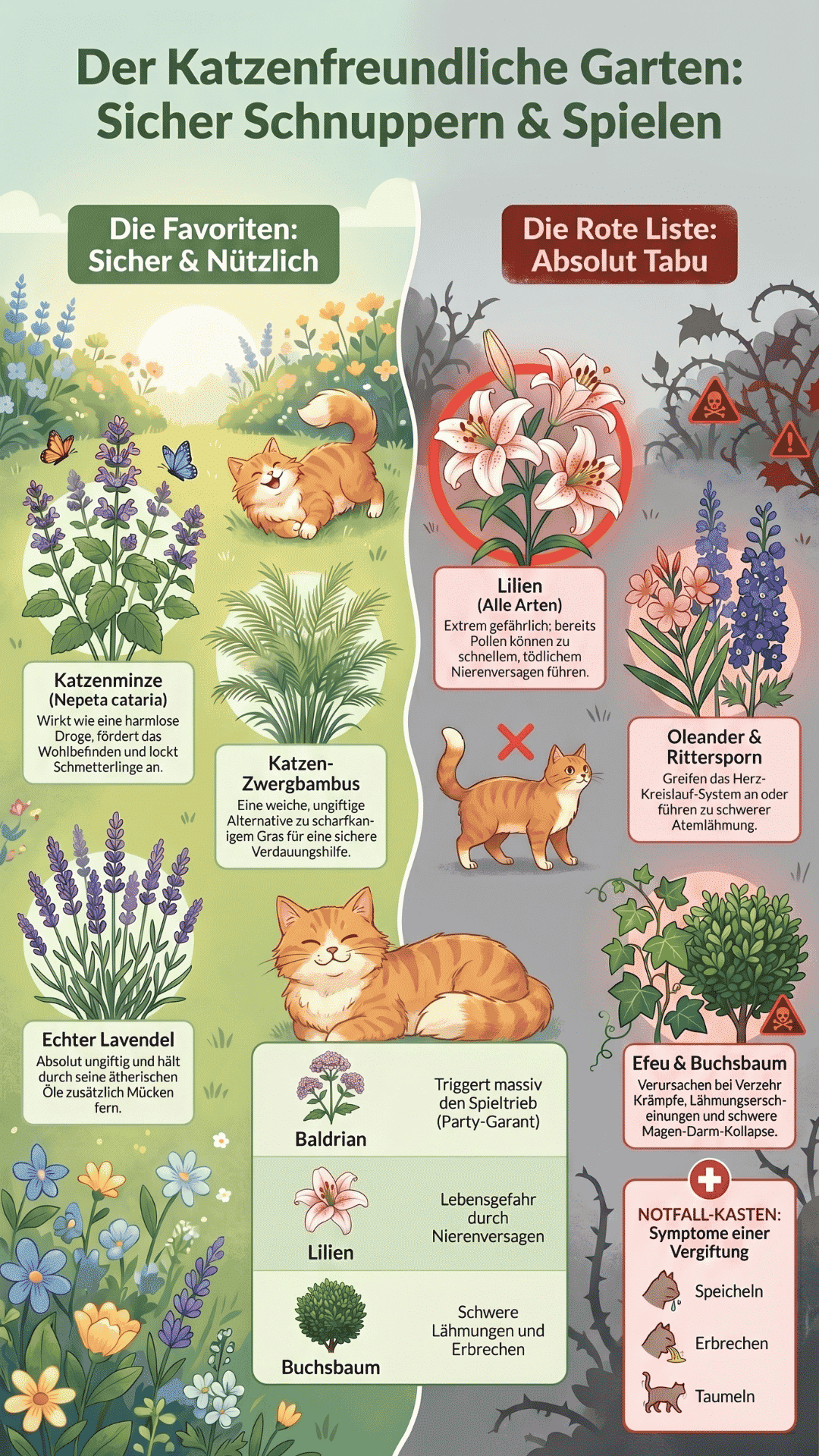 Eine vertikale Infografik zum Thema katzenfreundlicher Garten im 2:3 Format. Links zeigt die grüne Favoriten-Liste sichere Pflanzen wie Katzenminze, Katzen-Zwergbambus, Echter Lavendel und Baldrian mit schlafenden und spielenden Katzen. Rechts warnt die graue rote Liste vor giftigen Pflanzen wie Lilien, Oleander, Rittersporn, Efeu und Buchsbaum, ergänzt durch einen Notfall-Kasten für Vergiftungssymptome.