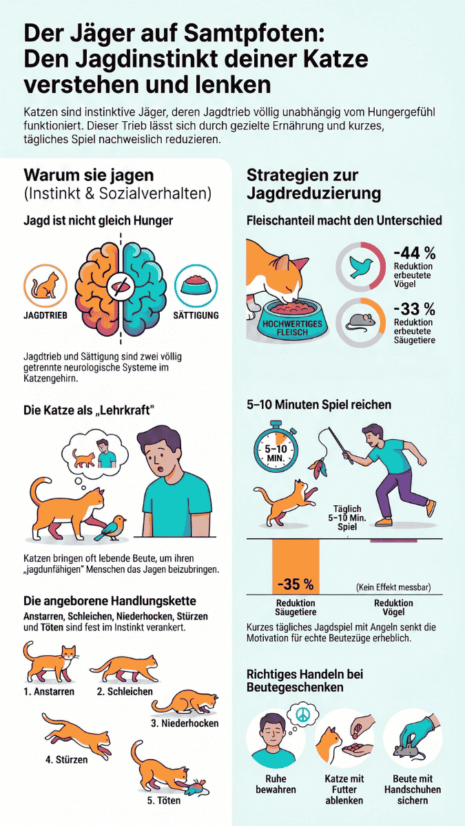 Infografik mit dem Titel „Der Jäger auf Samtpfoten: Den Jagdinstinkt deiner Katze verstehen und lenken“. Die Grafik ist in zwei Spalten unterteilt: Links wird erklärt, warum Katzen jagen (neurologische Trennung von Jagdtrieb und Sättigung, soziales Beutebringen und die fünf Phasen der Jagd-Handlungskette). Rechts werden Strategien zur Jagdreduzierung aufgezeigt, darunter hochwertiges Fleischfutter (senkt erbeutete Vögel um 44 % und Säugetiere um 33 %) sowie tägliches 5–10 Minuten langes Jagdspiel (senkt erbeutete Säugetiere um 35 %). Unten rechts folgen Tipps zum richtigen Umgang mit Beutegeschenken (Ruhe bewahren, mit Futter ablenken, Beute mit Handschuhen sichern).