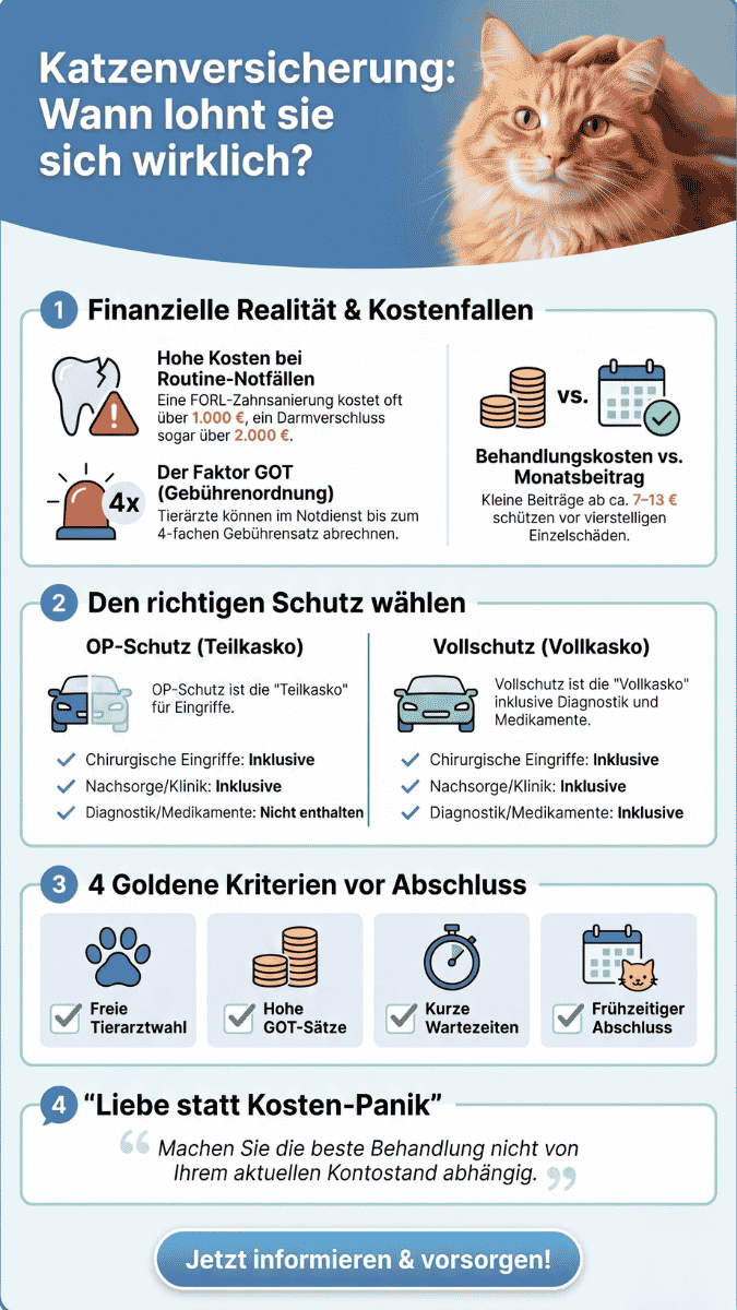 Infografik zum Thema „Katzenversicherung: Wann lohnt sie sich wirklich?“. Dargestellt sind Kostenfallen bei Notfällen (FORL, Not-OPs bis 2.000 €), der 4-fache GOT-Gebührensatz, der Vergleich zwischen OP-Schutz und Vollschutz sowie 4 Kriterien vor dem Abschluss: freie Tierarztwahl, hohe GOT-Sätze, kurze Wartezeiten und frühzeitiger Schutz.