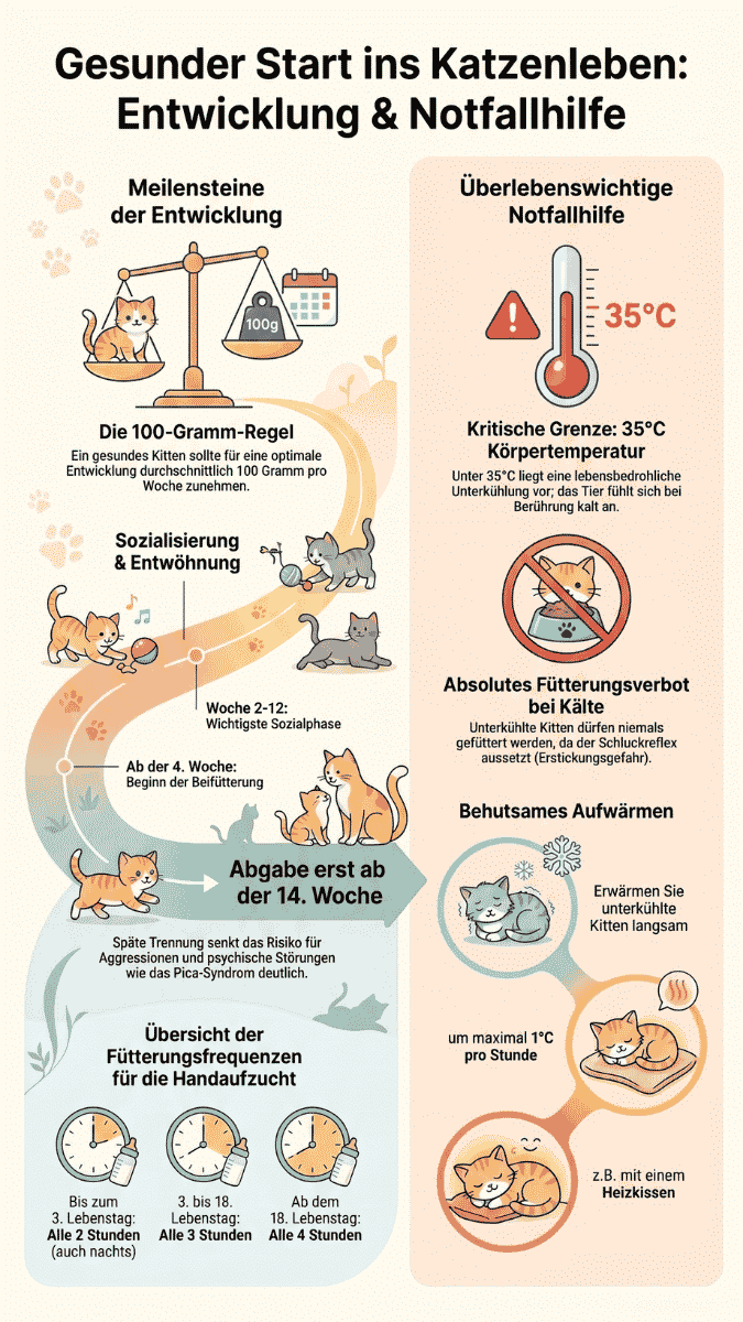 Infografik mit dem Titel „Gesunder Start ins Katzenleben: Entwicklung & Notfallhilfe“. Die Grafik ist in zwei Hauptbereiche unterteilt: Links werden Meilensteine der Entwicklung (wie die 100-Gramm-Regel, Sozialisierung, Beifütterung ab der 4. Woche, Abgabe ab der 14. Woche und Fütterungsfrequenzen) als Pfad dargestellt. Rechts befindet sich ein Leitfaden zur überlebenswichtigen Notfallhilfe bei Unterkühlung, der vor Fütterung bei einer Körpertemperatur unter 35°C warnt und Tipps zum behutsamen Aufwärmen gibt.