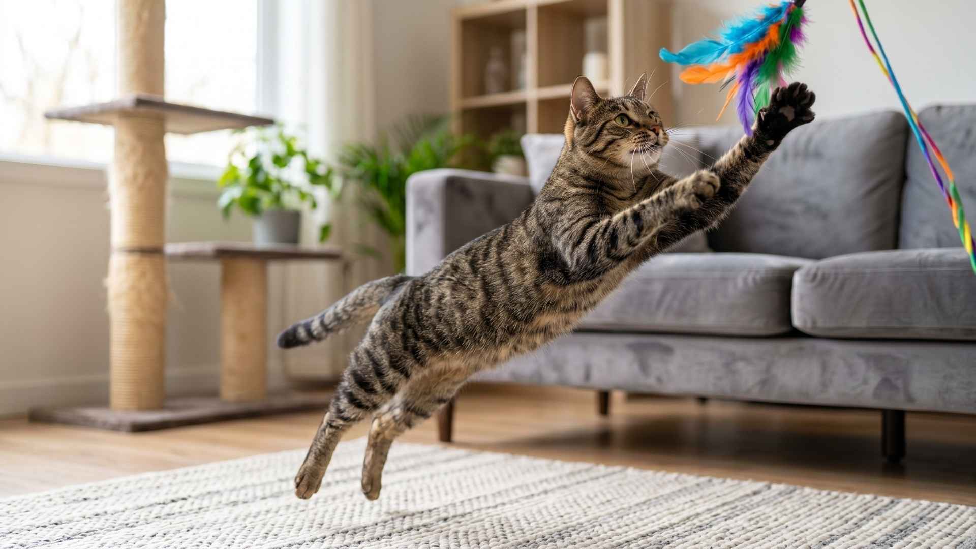 Eine dynamische getigerte Hauskatze im Sprung in der Luft, um eine bunte Spielangel mit Federn zu fangen, als Beispiel für eine körperliche Jagdsimulation und Auslastung im modernen Wohnzimmer.