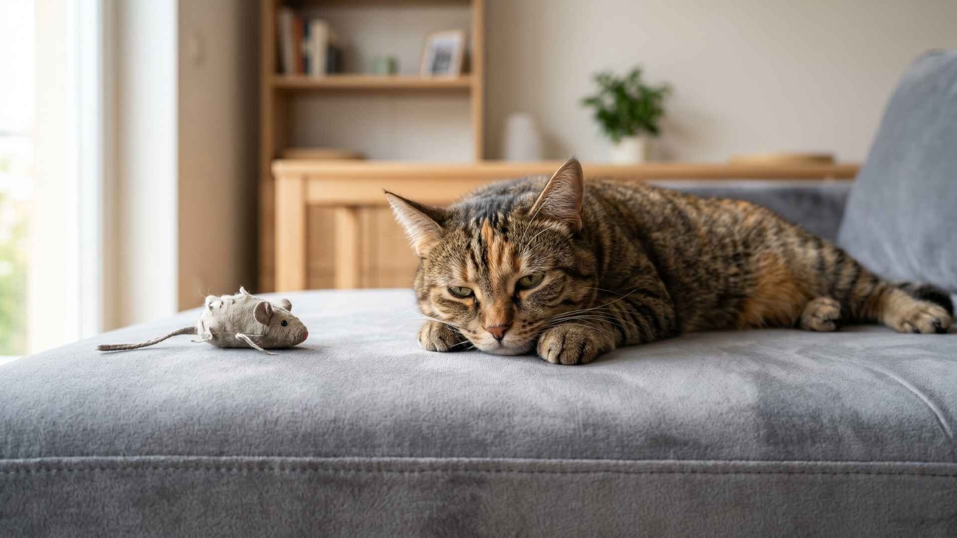 Eine getigerte Hauskatze liegt lethargisch und mit gelangweiltem Gesichtsausdruck auf einem grauen Sofa neben einer unbeachteten Spielzeugmaus als Symptom für Unterforderung bei Wohnungskatzen.