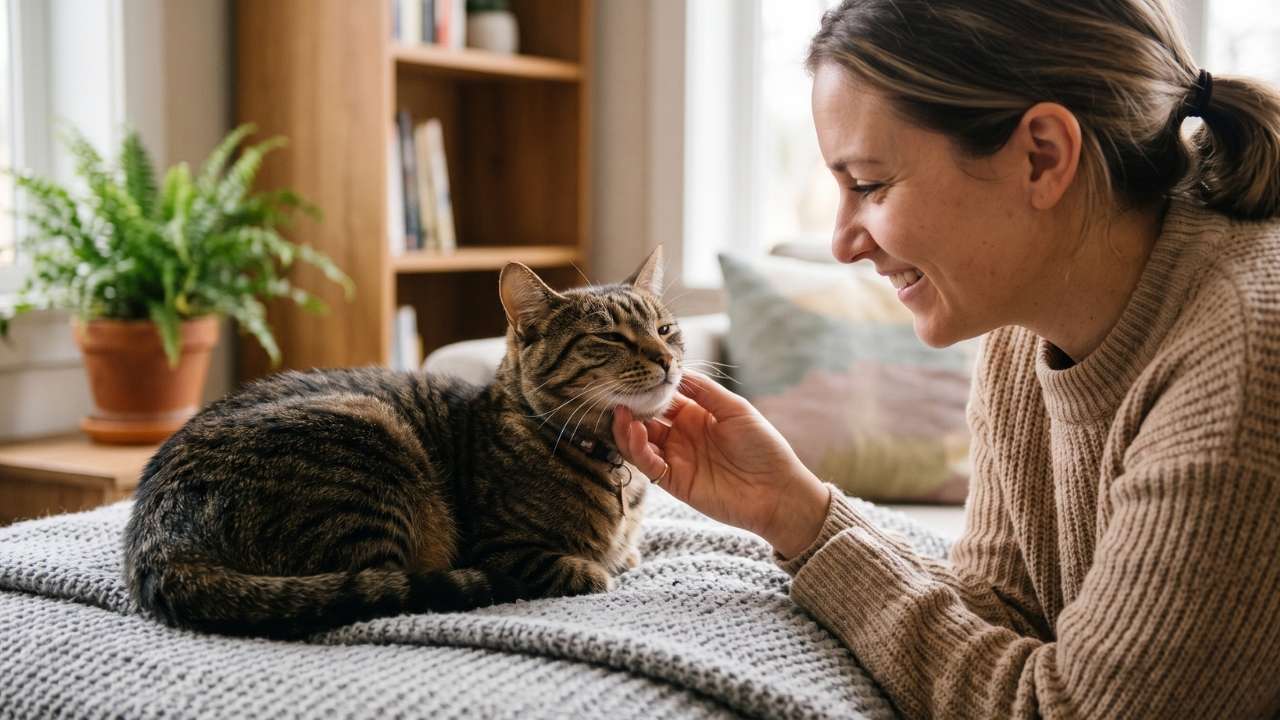 Eine lächelnde Frau krault eine getigerte Katze sanft am Kinn, während die Katze entspannt auf einer Decke liegt und blinzelt.