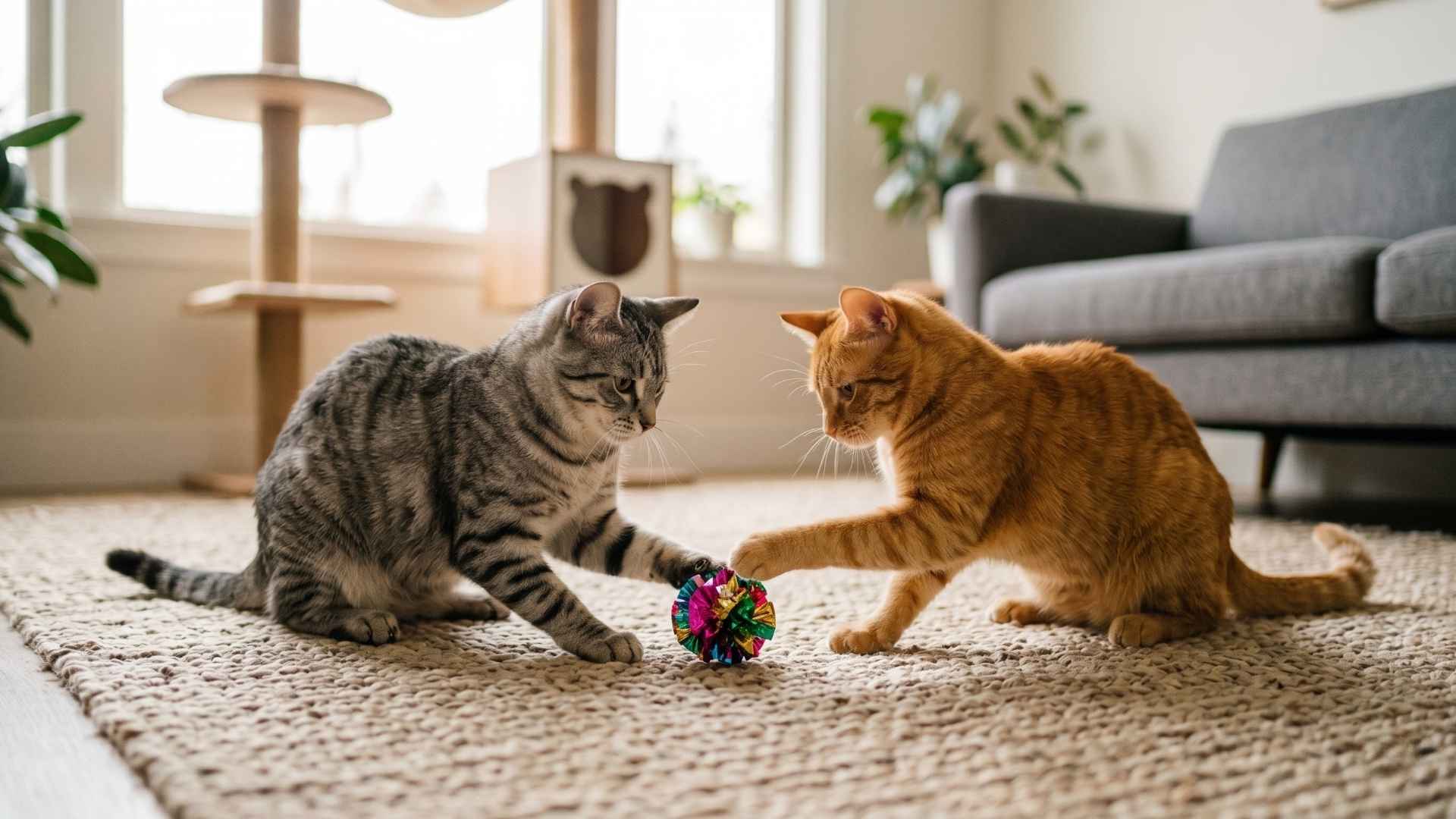 Zwei Wohnungskatzen, eine getigerte und eine rote Katze, spielen harmonisch zusammen mit einem bunten Ball auf einem hellen Teppich im Wohnzimmer.