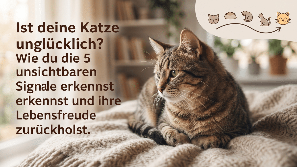 Eine getigerte Katze liegt nachdenklich auf einer Decke, daneben steht der Text: Ist deine Katze unglücklich? Wie du die 5 unsichtbaren Signale erkennst.