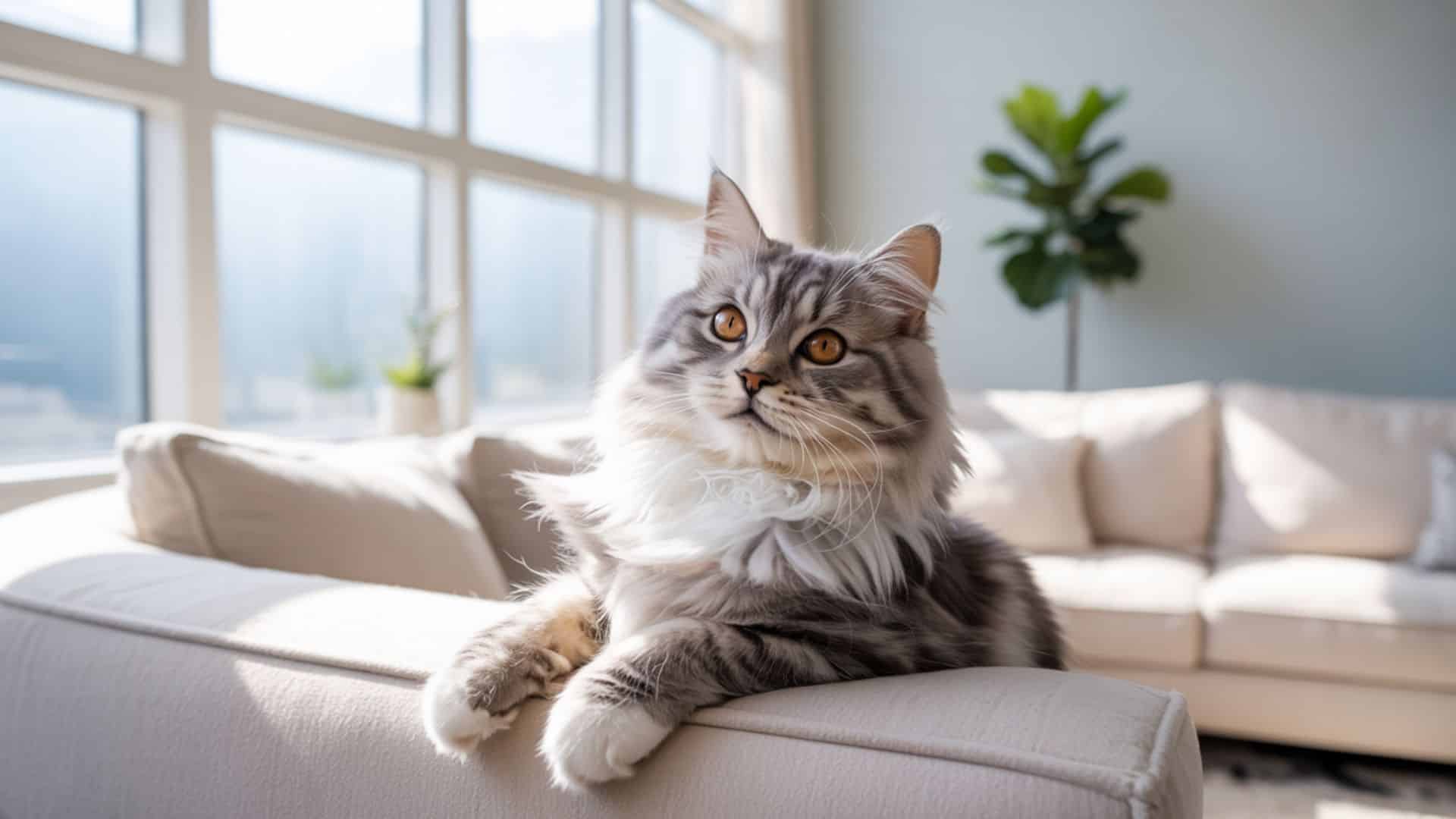Hauskatze sitzt aufmerksam auf dem Sofa und schaut fragend in die Kamera – Symbolbild für Warnsignale bei Katzen.