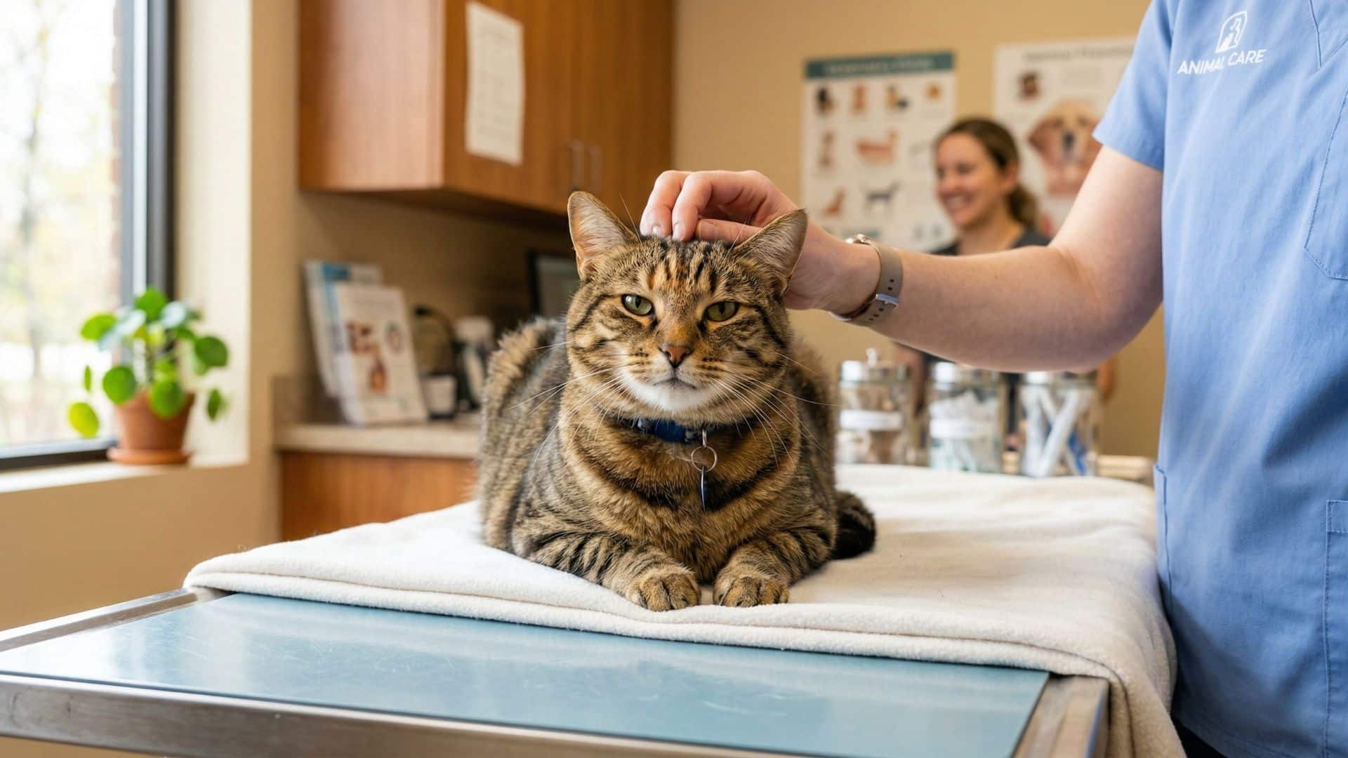 Nahaufnahme einer entspannten, getigerten Katze, die auf einem weißen Handtuch auf einem hellblauen Untersuchungstisch sitzt. Eine Hand in einem hellblauen Tierarzt-Kasack streichelt der Katze sanft über den Kopf. Der Hintergrund zeigt eine freundliche, lichtdurchflutete Tierarztpraxis mit einer grünen Pflanze.