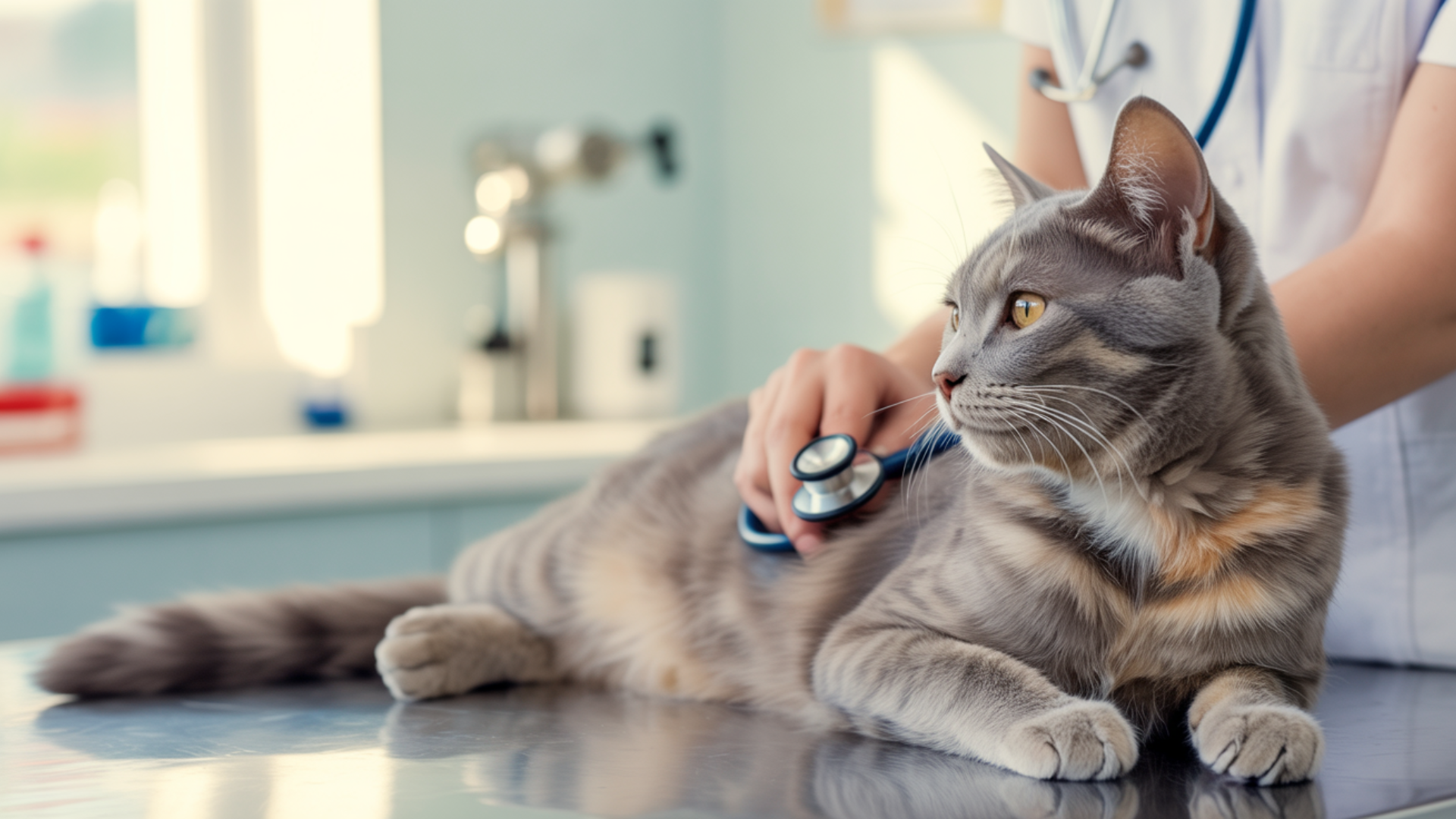 Katzen kastrieren. Eine grau-getigerte Katze liegt entspannt auf einem metallischen Untersuchungstisch in einer hellen Tierarztpraxis, während eine Tierärztin bzw. ein Tierarzt mithilfe eines Stethoskops ihre Herz- und Lungengeräusche abhört.