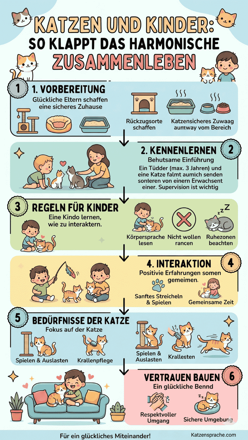 Infografik mit 6 Tipps für das harmonische Zusammenleben von Katzen und Kindern, inklusive Vorbereitung, Regeln und Vertrauensaufbau.