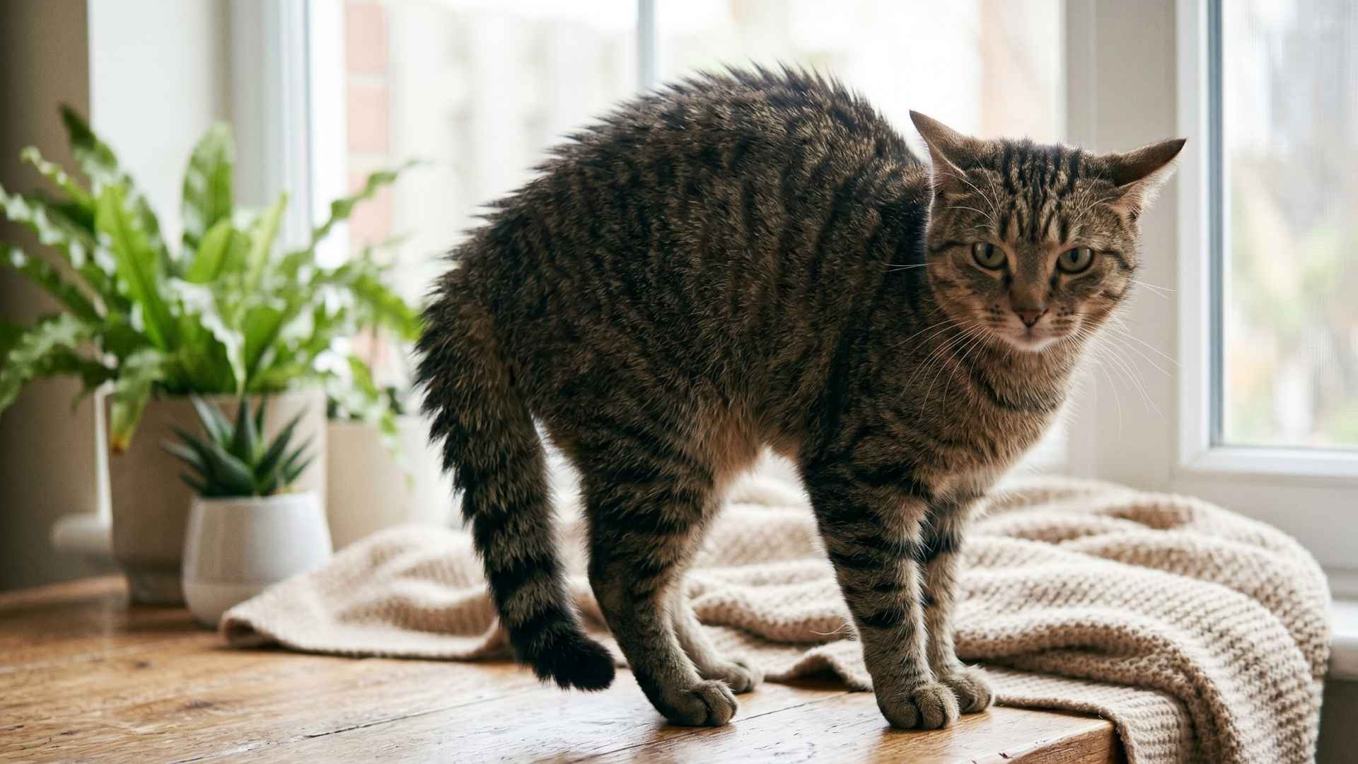 Eine getigerte Katze mit einem extremen Angst-Buckel, aufgestelltem Fell am Rücken und Bürstenschwanz, die defensiv auf einem Holztisch vor einem Fenster steht und die Ohren anlegt.