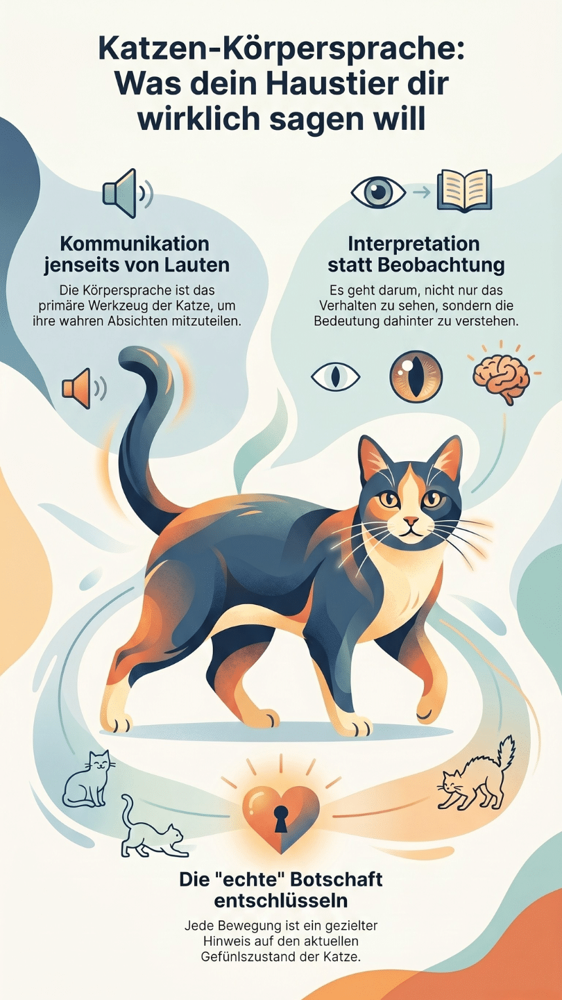 Eine übersichtliche Infografik zum Thema Katzen-Körpersprache mit einer dreifarbigen Katze im Zentrum. Die Grafik erklärt die Kommunikation jenseits von Lauten, die richtige Interpretation des Verhaltens sowie das Entschlüsseln der echten Botschaft von Samtpfoten im Alltag.