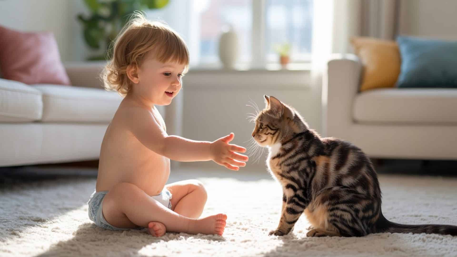 Kleines Kind streckt vorsichtig die Hand zu einer entspannten Hauskatze aus, beide sitzen in einem sonnendurchfluteten Wohnzimmer – ein Moment voller Harmonie und Vertrauen.