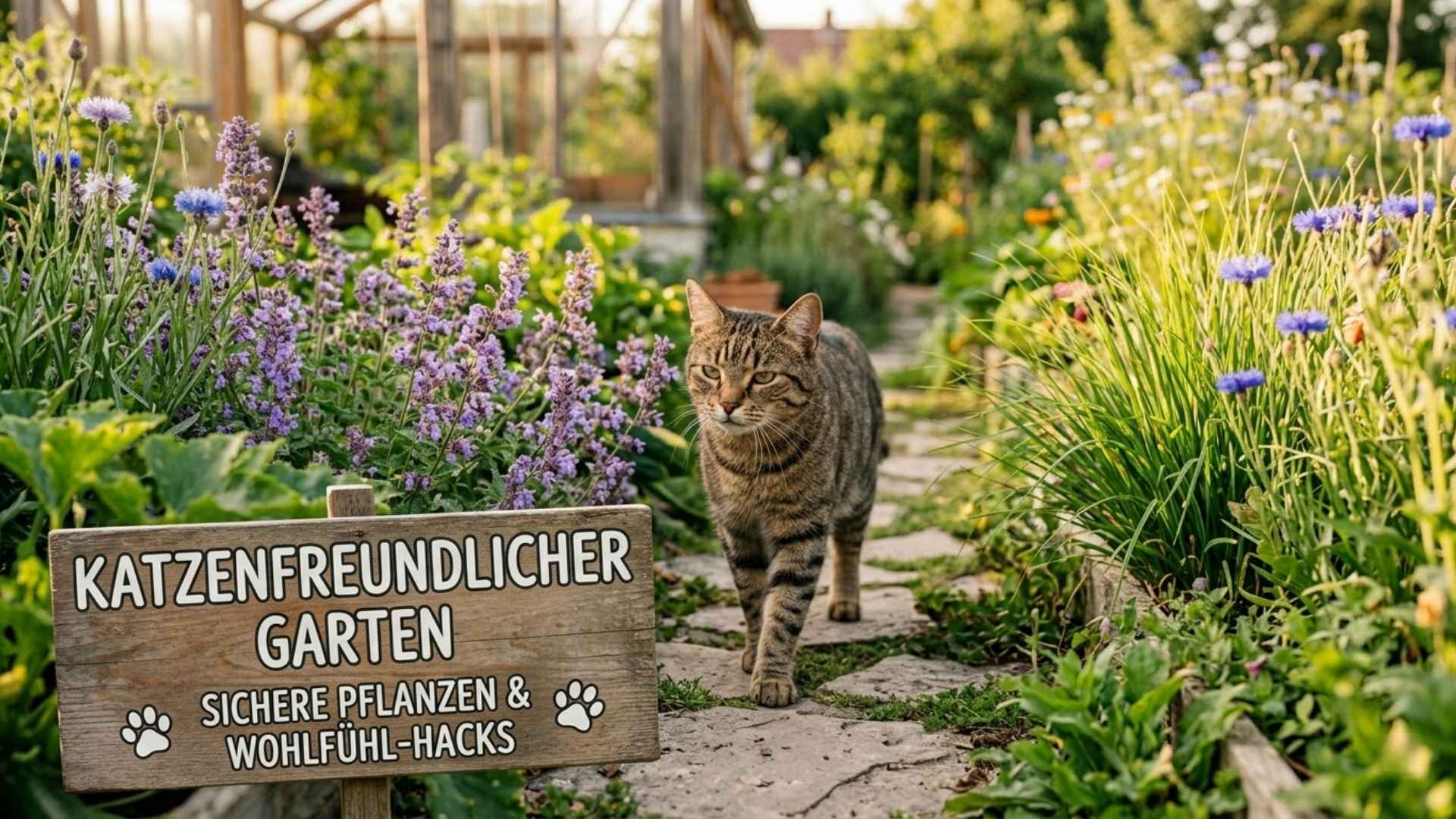 Eine getigerte Katze läuft entspannt über einen Steinweg in einem katzenfreundlichen Garten mit Katzenminze, Bambus und Kornblumen neben einem Holzschild mit der Aufschrift KATZENFREUNDLICHER GARTEN.