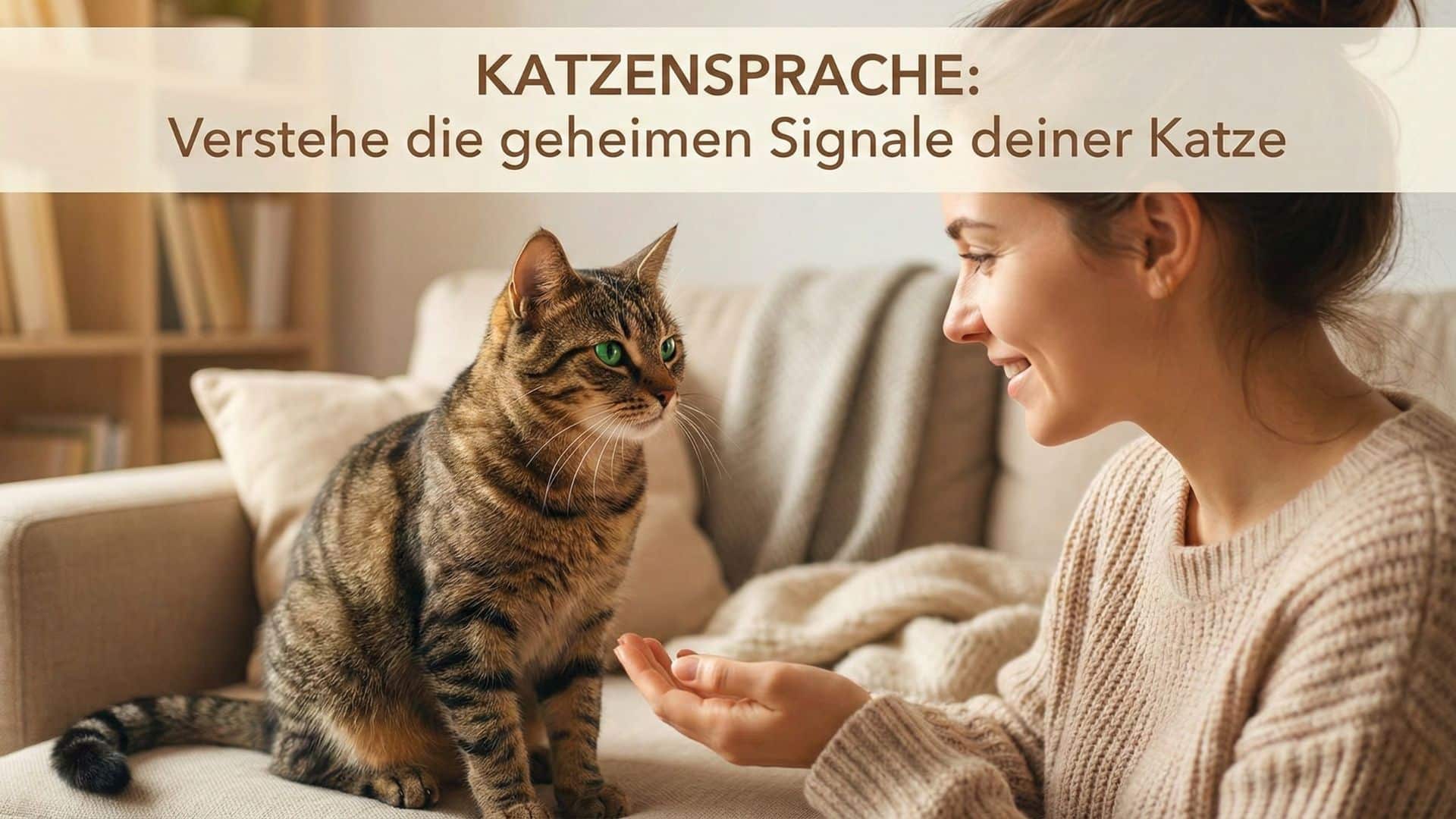 Eine Frau und eine Katze kommunizieren auf einem Sofa. Beitragsbild zum Thema Katzensprache mit dem Titel: Verstehe die geheimen Signale deiner Katze.