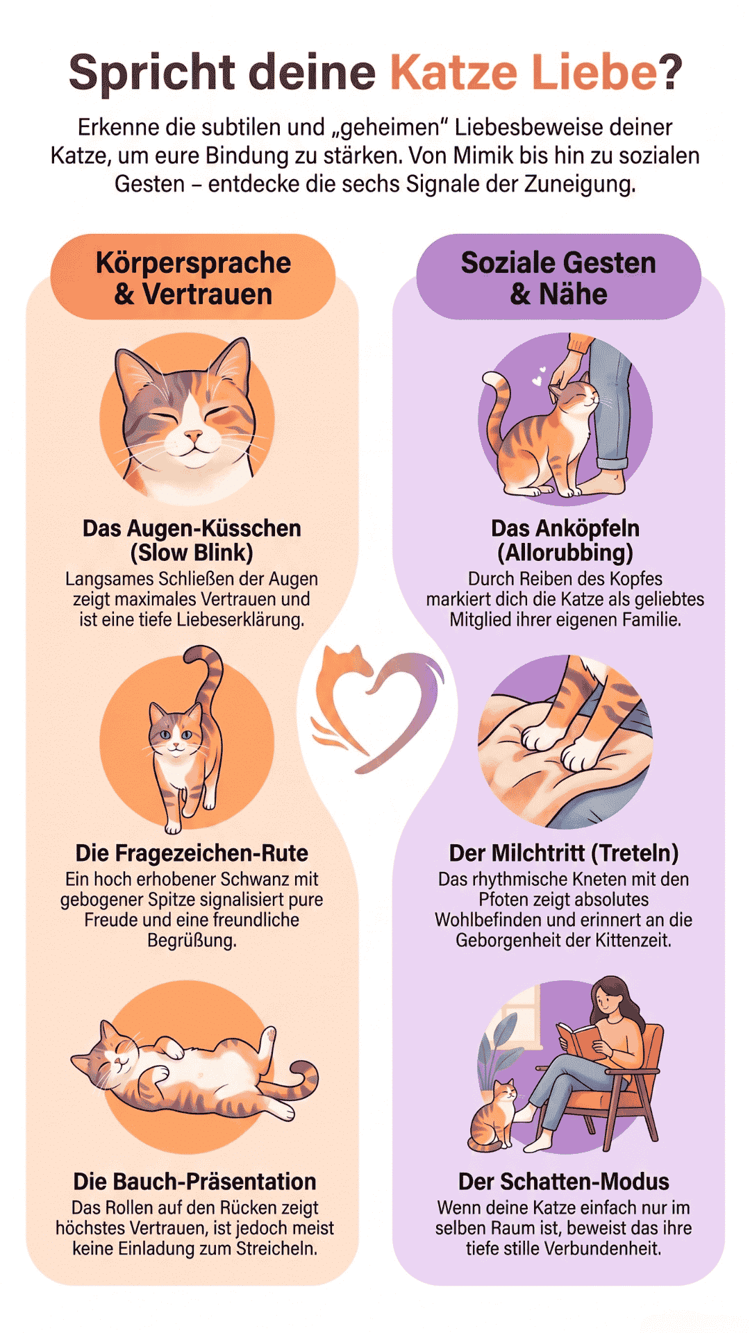 Infografik über die Körpersprache von Katzen mit 6 Liebesbeweisen: Augen-Küsschen (Slow Blink), Fragezeichen-Rute, Bauch-Präsentation, Anköpfeln (Allorubbing), Milchtritt (Treteln) und Schatten-Modus.