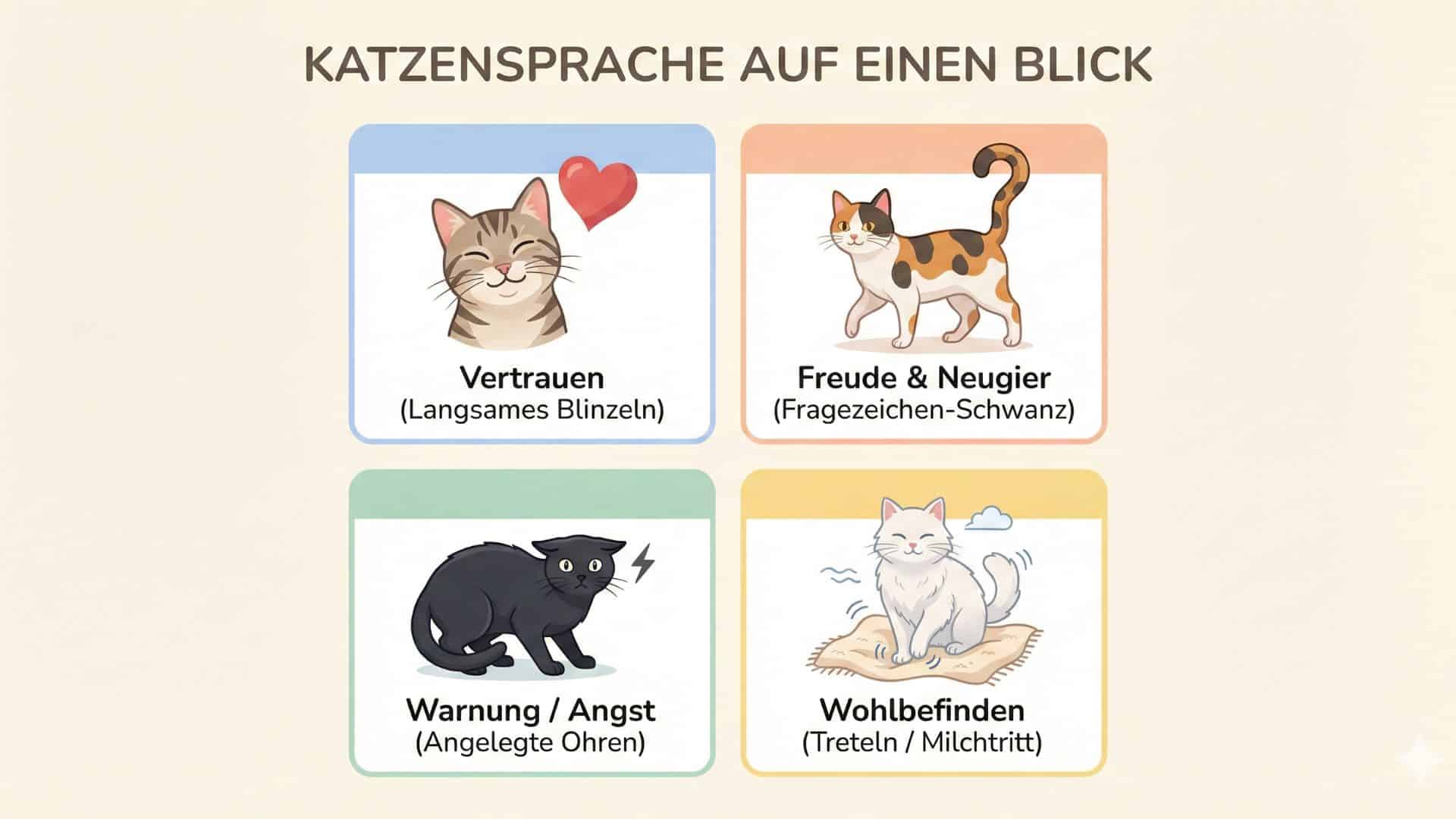 katzensprache verstehen infografik Infografik mit dem Titel „Katzensprache auf einen Blick“. Sie zeigt vier Katzen-Illustrationen mit Erklärungen: Langsames Blinzeln für Vertrauen, ein Fragezeichen-Schwanz für Freude und Neugier, angelegte Ohren als Warnung bei Angst sowie das Treteln (Milchtritt) als Zeichen für Wohlbefinden.