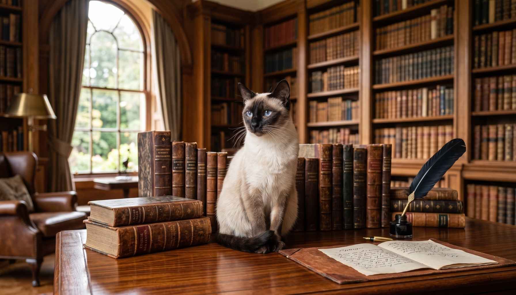 Eine elegante Siamkatze sitzt aufmerksam und weise inmitten antiker, ledergebundener Bücher auf einem Schreibtisch in einer klassischen Privatbibliothek.