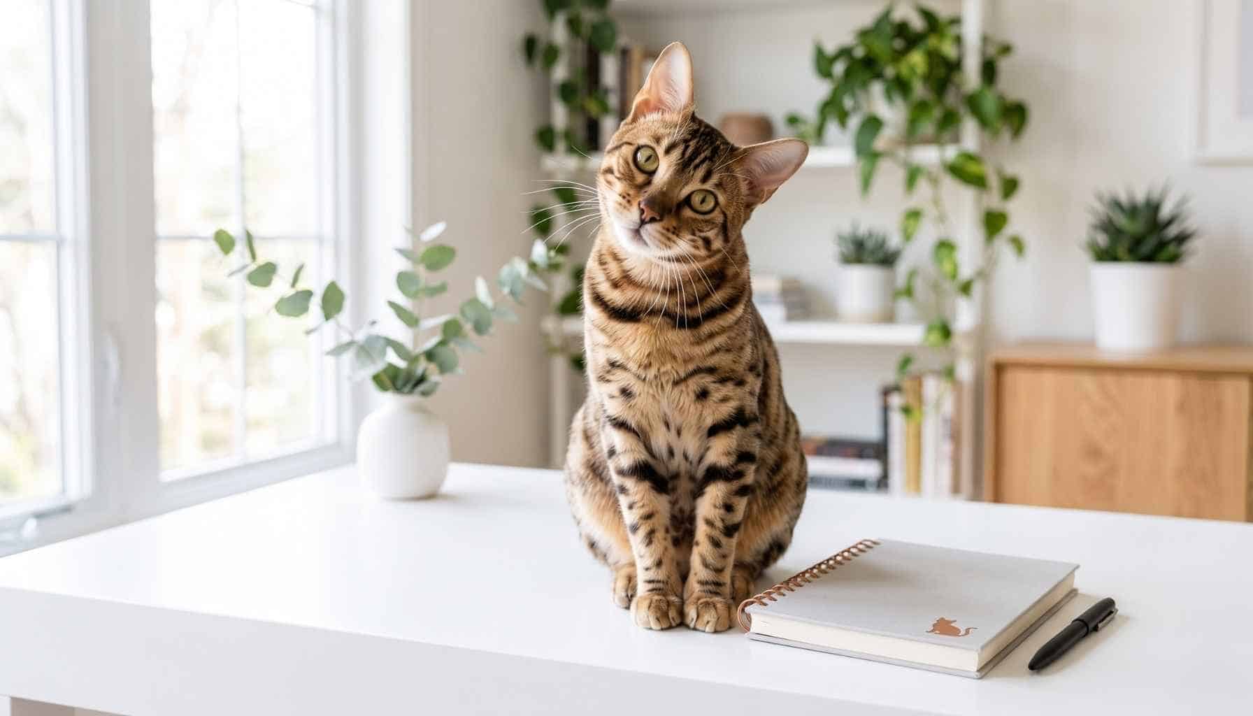Eine neugierige Bengal-Katze legt ihren Kopf schief und schaut direkt am Schreibtisch neben einem Notizbuch in die Kamera.