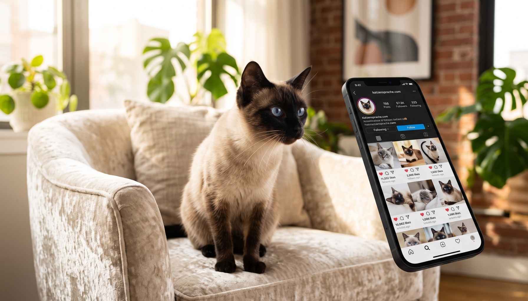 Eine elegante Siamkatze sitzt auf einem cremefarbenen Sessel und schaut neugierig auf ein Smartphone mit einem Instagram-Feed.