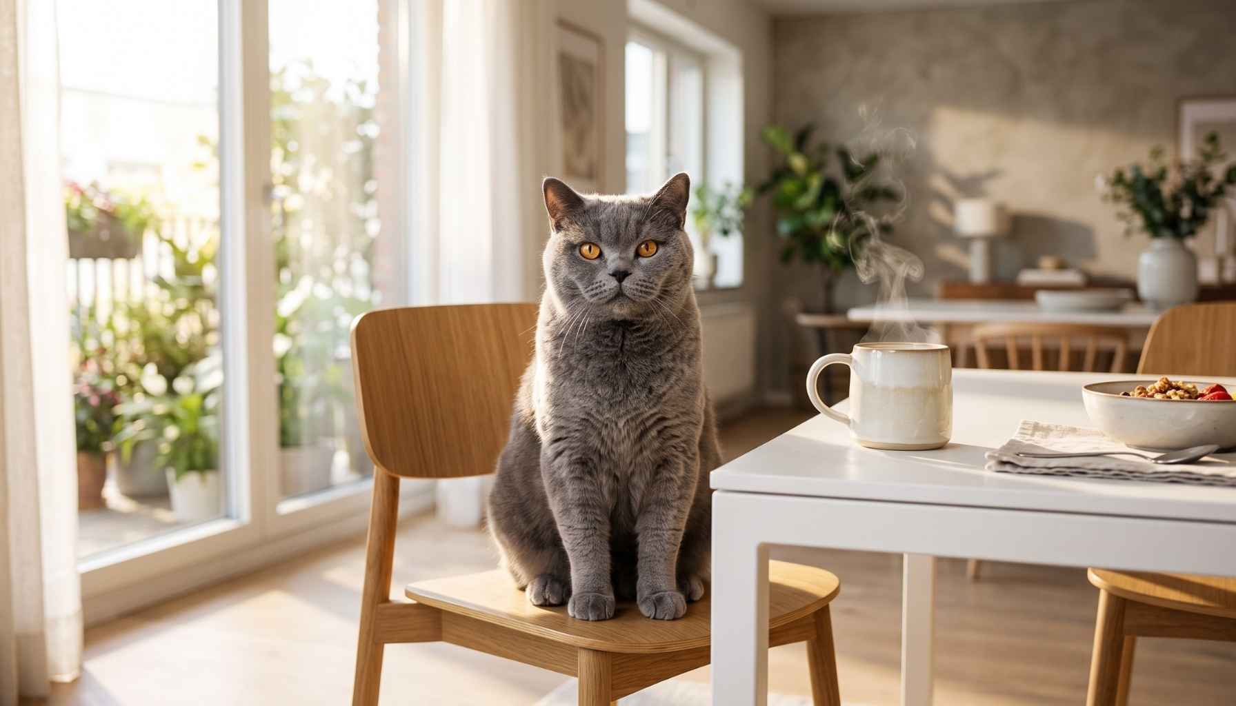 Eine elegante Britisch Kurzhaar Katze sitzt auf einem Stuhl am Frühstückstisch neben einer Kaffeetasse.