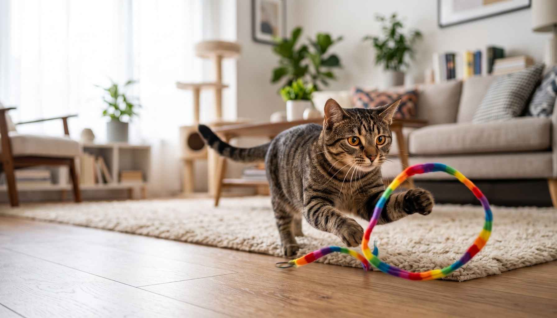 Eine fröhliche getigerte Katze jagt spielerisch ein buntes Regenbogenspielzeug in einem modernen, hellen Wohnzimmer.