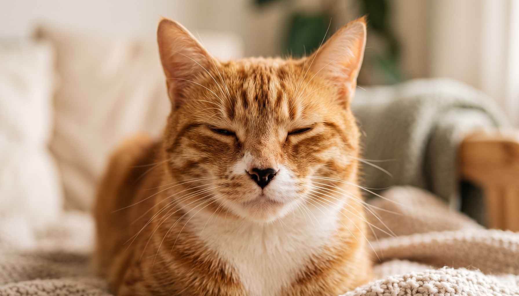 Eine getigerte Katze schaut mit einem tiefen, vertrauensvollen Blick in die Kamera und schließt langsam ihre Augen zum Blinzeln.