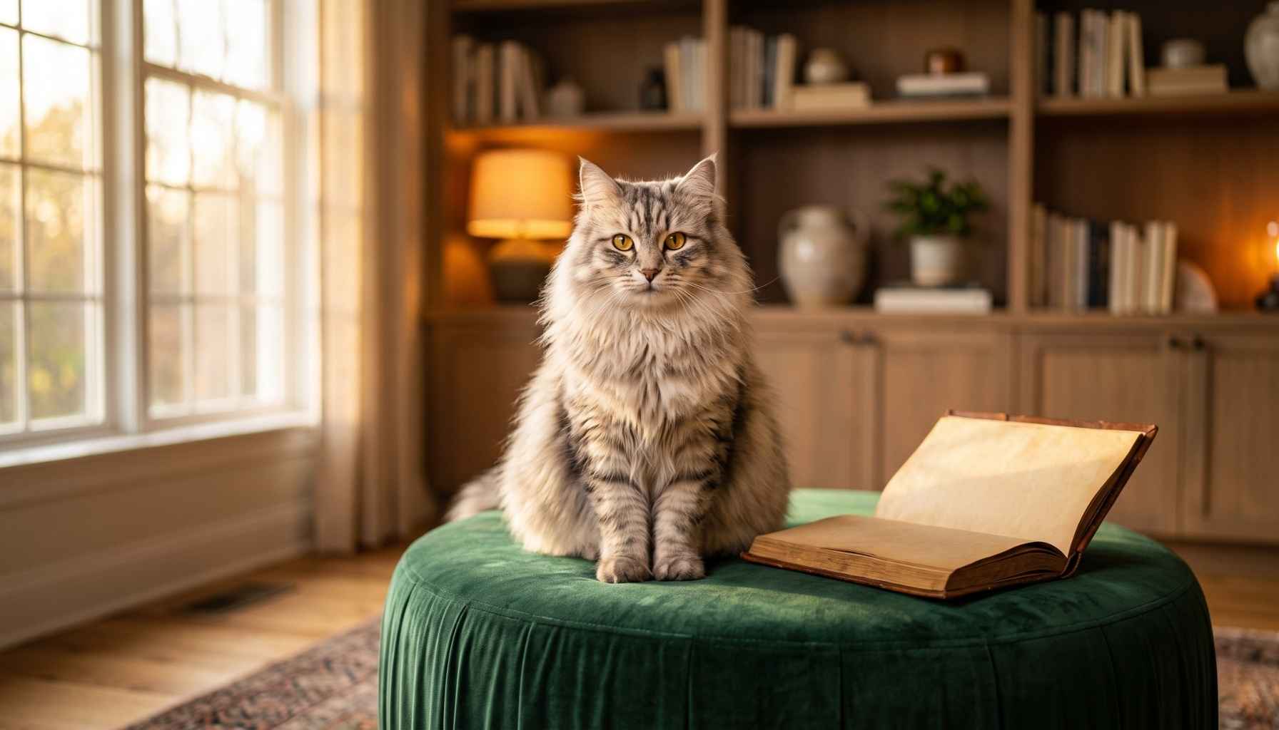 Eine majestätische, flauschige Katze sitzt neben einem geöffneten Buch auf einem smaragdgrünen Samthocker.