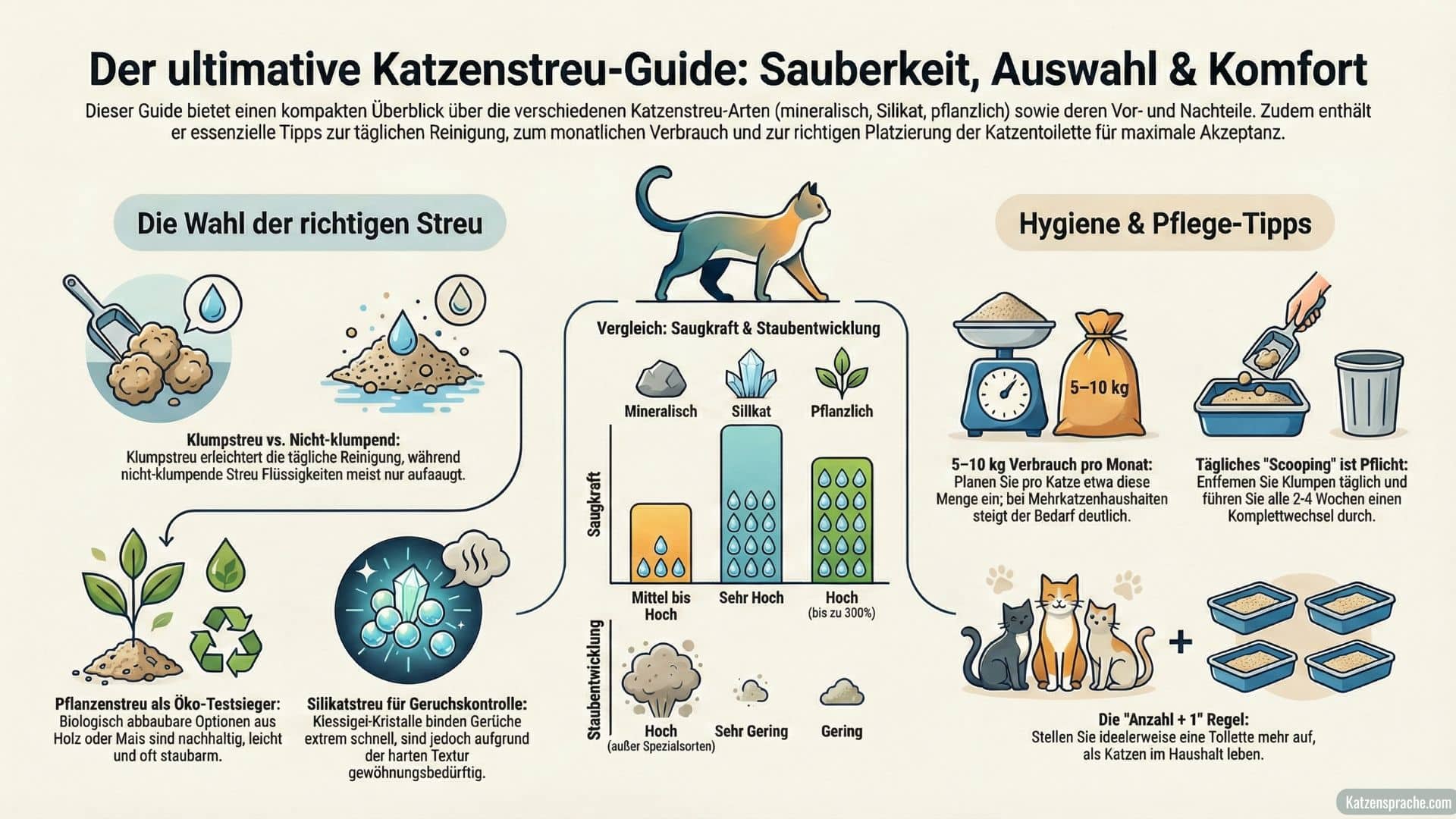 katzenstreu Infografik „Der ultimative Katzenstreu-Guide“ mit einem Vergleich von mineralischer, Silikat- und Pflanzenstreu sowie Tipps zu Verbrauch, täglicher Reinigung und der optimalen Anzahl an Katzentoiletten.