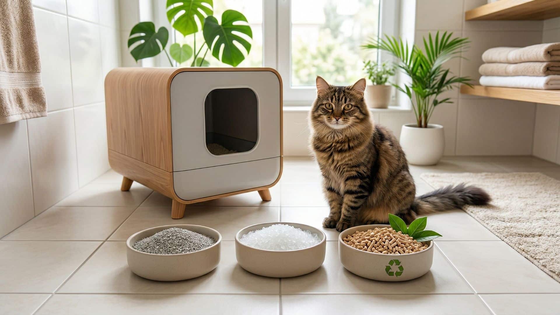 Eine flauschige Katze sitzt in einem hellen Badezimmer neben drei Schalen mit verschiedenen Arten von Katzenstreu (Bentonit, Silikat und ökologische Pflanzen-Pellets) vor einem modernen Katzenklo.