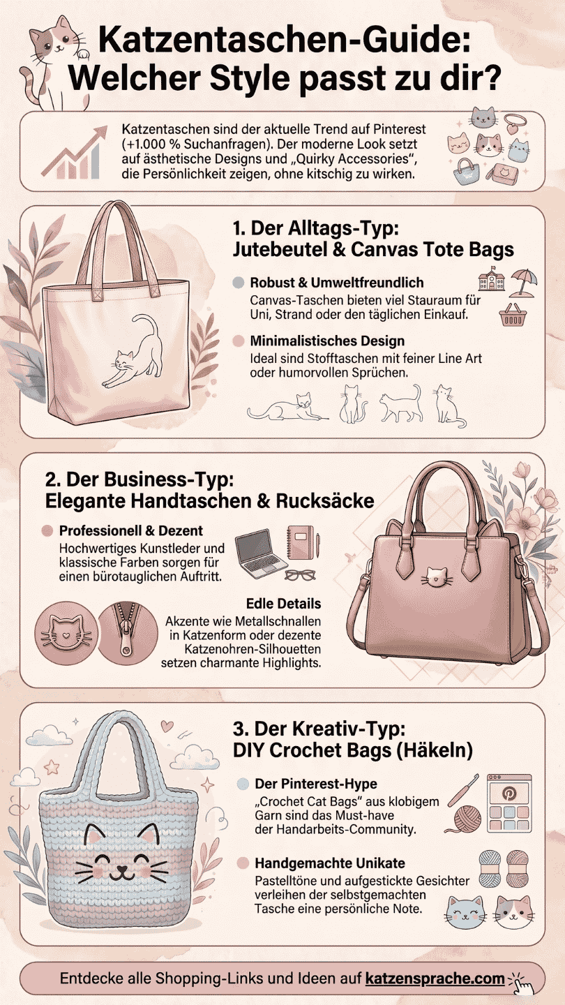Infografik zum Thema Katzentaschen im Trend: Vergleich der 3 Styles Jutebeutel und Canvas Tote Bags, elegante Handtaschen fürs Büro und DIY Crochet Bags zum Häkeln für Katzenliebhaber.