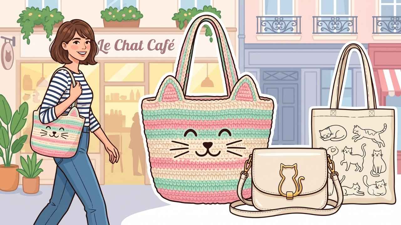Illustration verschiedener Katzentaschen im Trend: Eine Frau mit Cat-themed Bag vor einem Café, daneben eine DIY-Häkeltasche, eine elegante Umhängetasche und ein Jutebeutel mit Katzenmotiv.