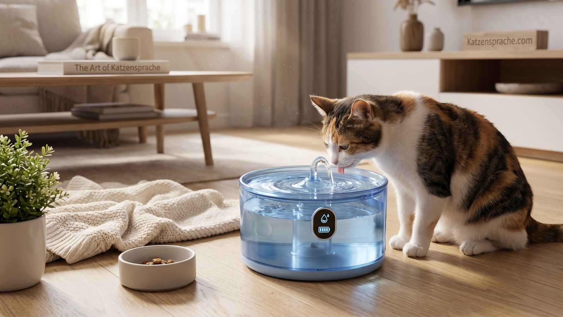Dreifarbige Glückskatze trinkt aus einem Katzentrinkbrunnen in einem modern eingerichteten Wohnzimmer
