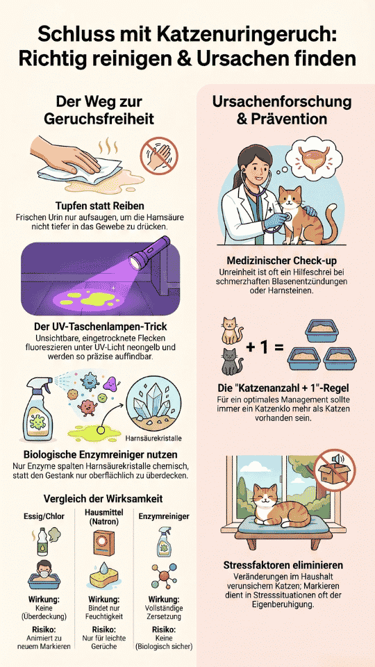 Infografik zum Thema Katzenurin-Geruch entfernen mit Tipps zu Enzymreinigern, der UV-Taschenlampe und Ursachenforschung beim Tierarzt.