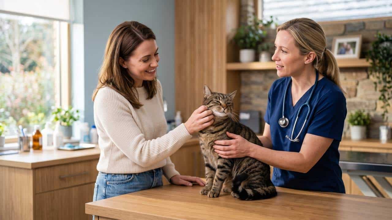 Eine freundliche Tierärztin in blauer Kleidung mit Stethoskop untersucht eine getigerte Katze auf einem Behandlungstisch aus Holz, während die lächelnde Katzenbesitzerin das Tier sanft am Kinn streichelt.